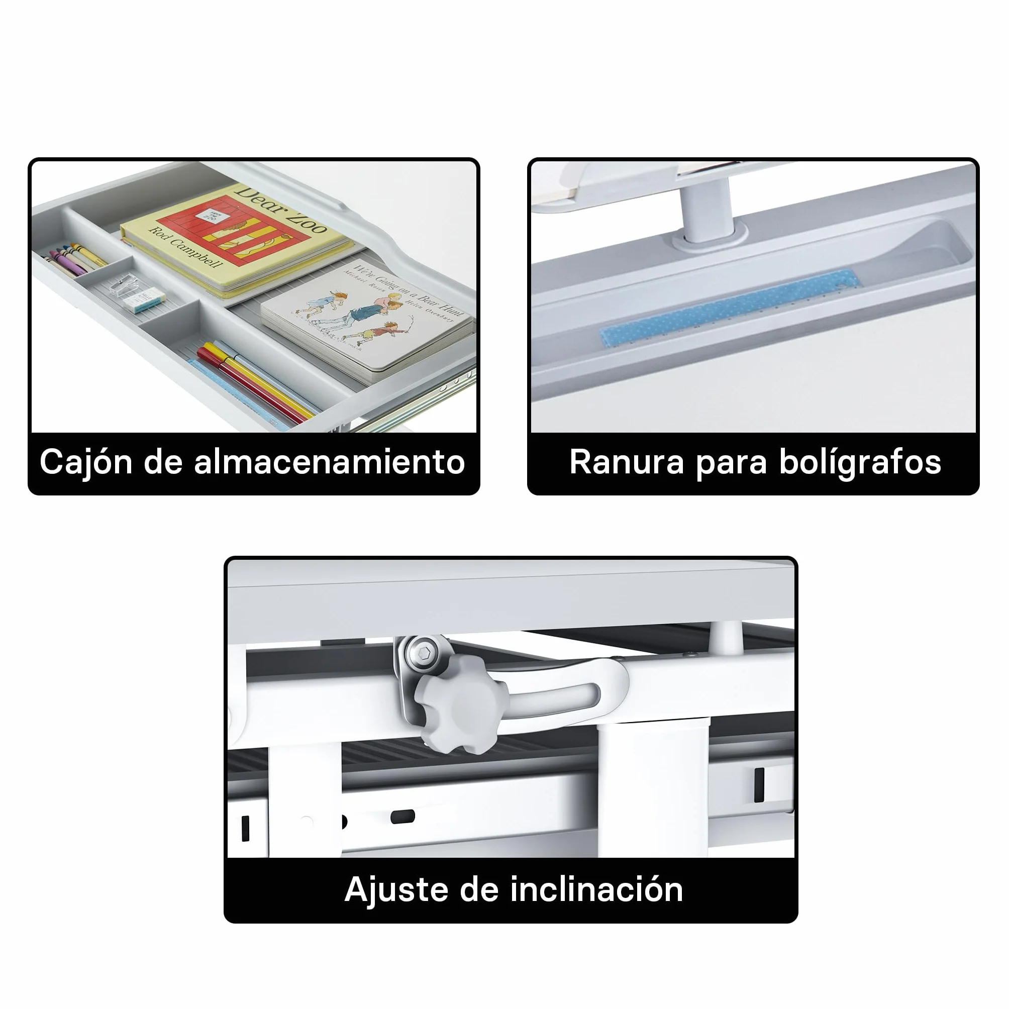 Escritorio para niños Regulable en inclinación/Altura con Silla cajón sujeta Libros