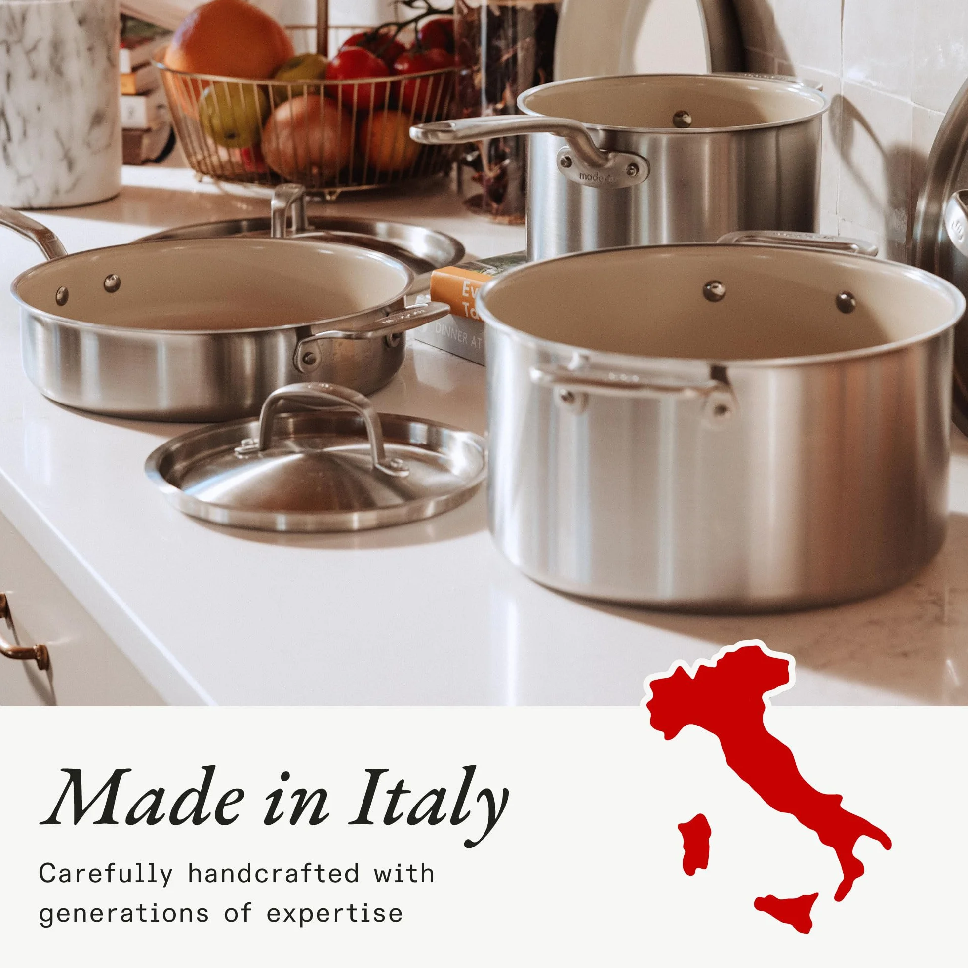 Made In Cookware - Sartén antiadherente de cerámica de 3.5 cuartos de galón con tapa, revestimiento de acero inoxidable de 5 capas, utensilios de cocina profesionales, fabricado en Italia, compatible
