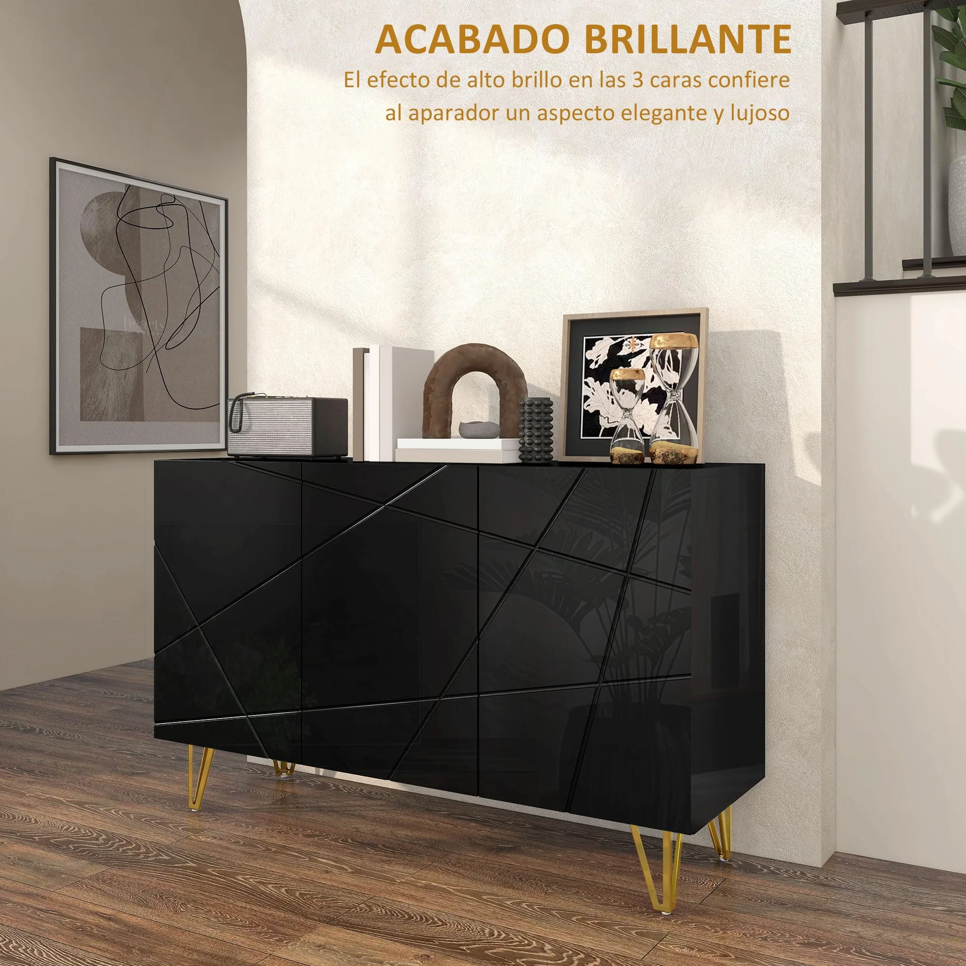HOMCOM Aparador para Salón Aparador de Entrada con 3 Puertas y Estantes Ajustables Armario de Almacenamiento para Cocina Sala 120x40x75 cm Negro Brillo