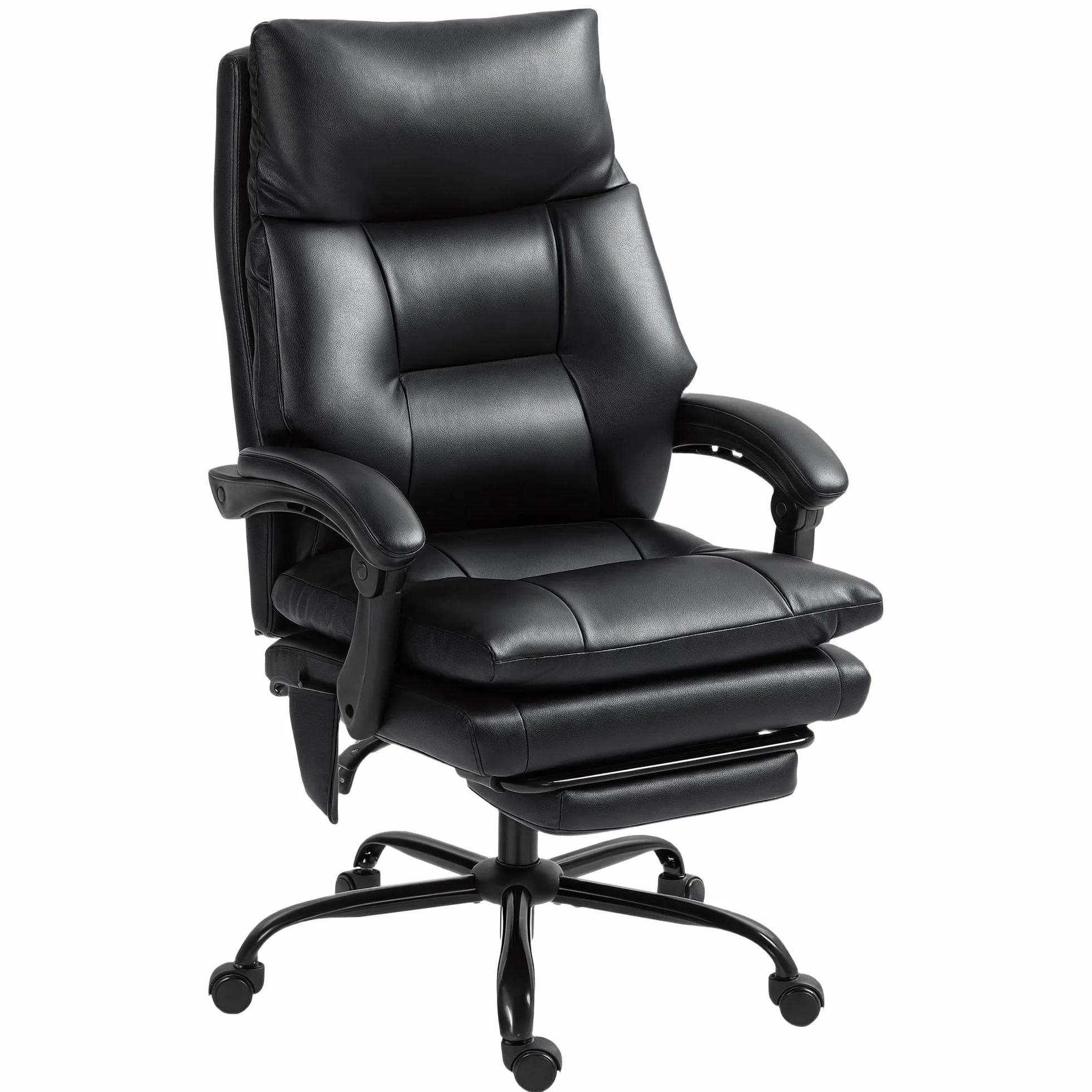 HOMCOM Silla de Escritorio con Soporte Lumbar Inflable, Tapizada en PU, Silla de Oficina Giratoria con Reposapiés, Respaldo Reclinable, Respaldo Alto, Altura Ajustable, Negro