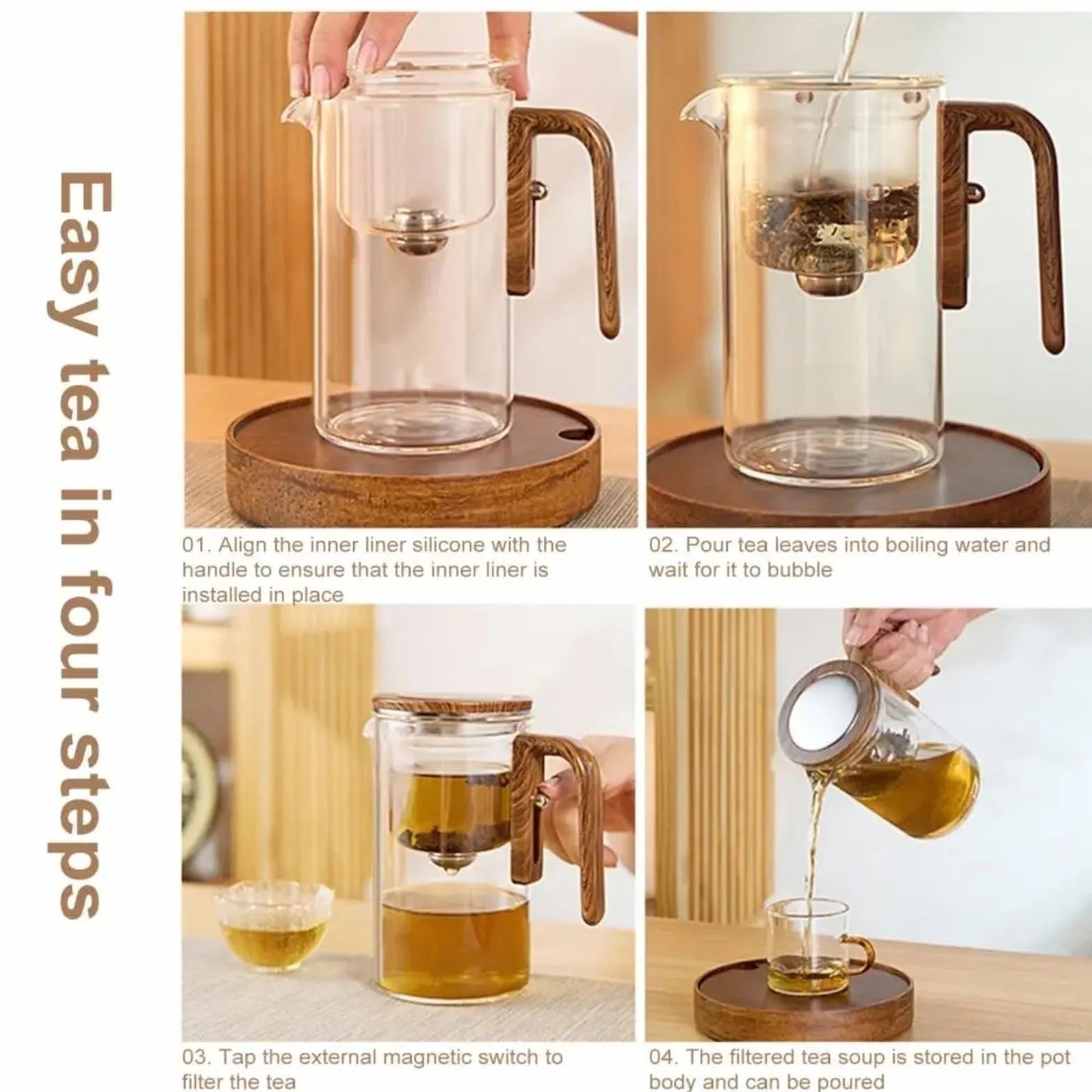 Tetera mágica de cristal con mango de madera, tetera mágica Enchanti para té de hojas sueltas, diseño elegante para los amantes del té