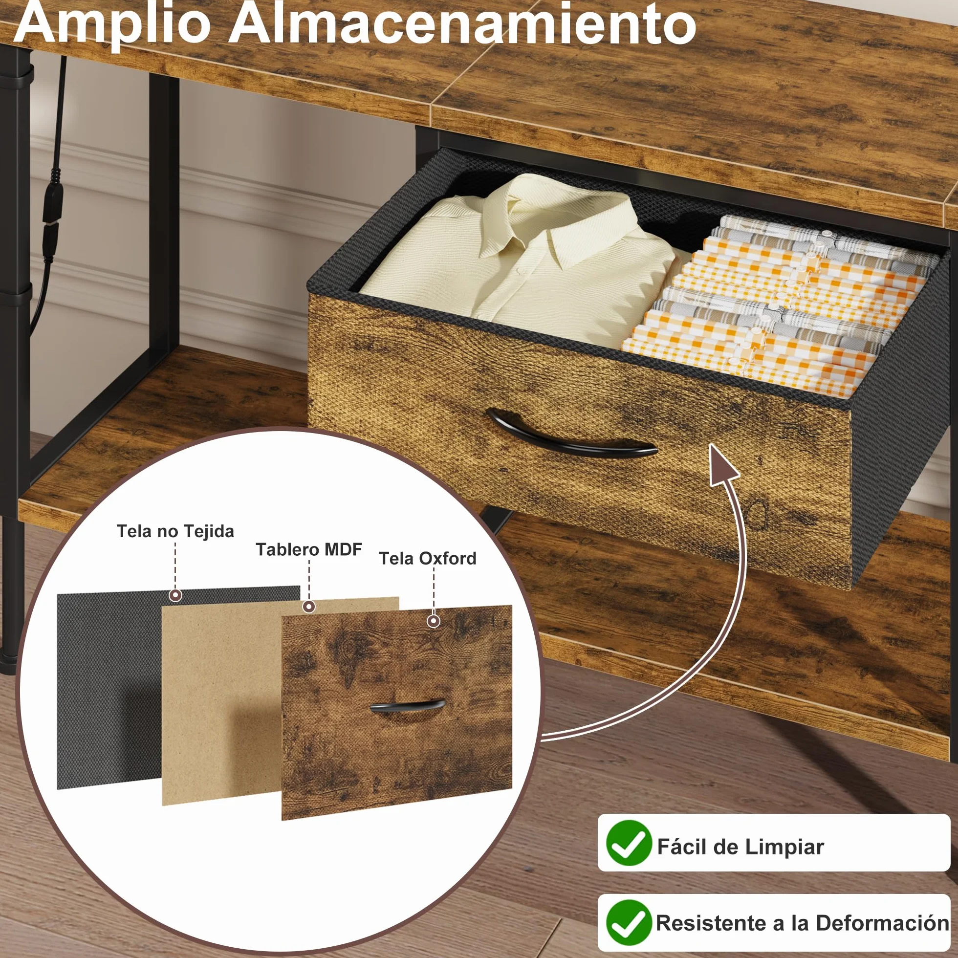 Mueble de TV con Enchufe, Mesa Television con Iluminación LED, Cajón de Tela y Estantes, Mueble Bajo Salon de 140 cm para TV de hasta 65″, para Sala de Estar y Dormitorio, Marrón Rústico