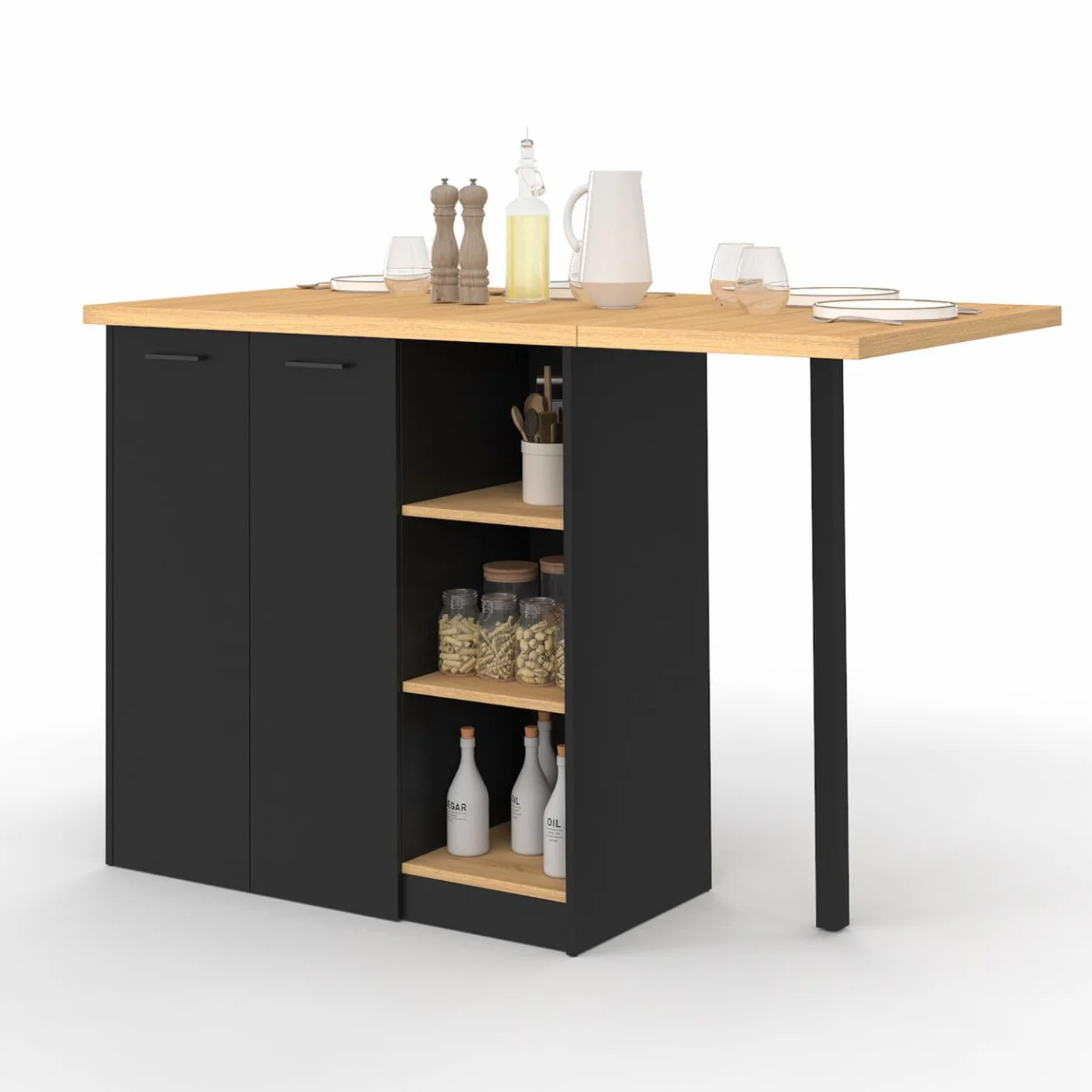 IDMarket – Ilot Central Cesar 140 cm madera negra con encimera de haya