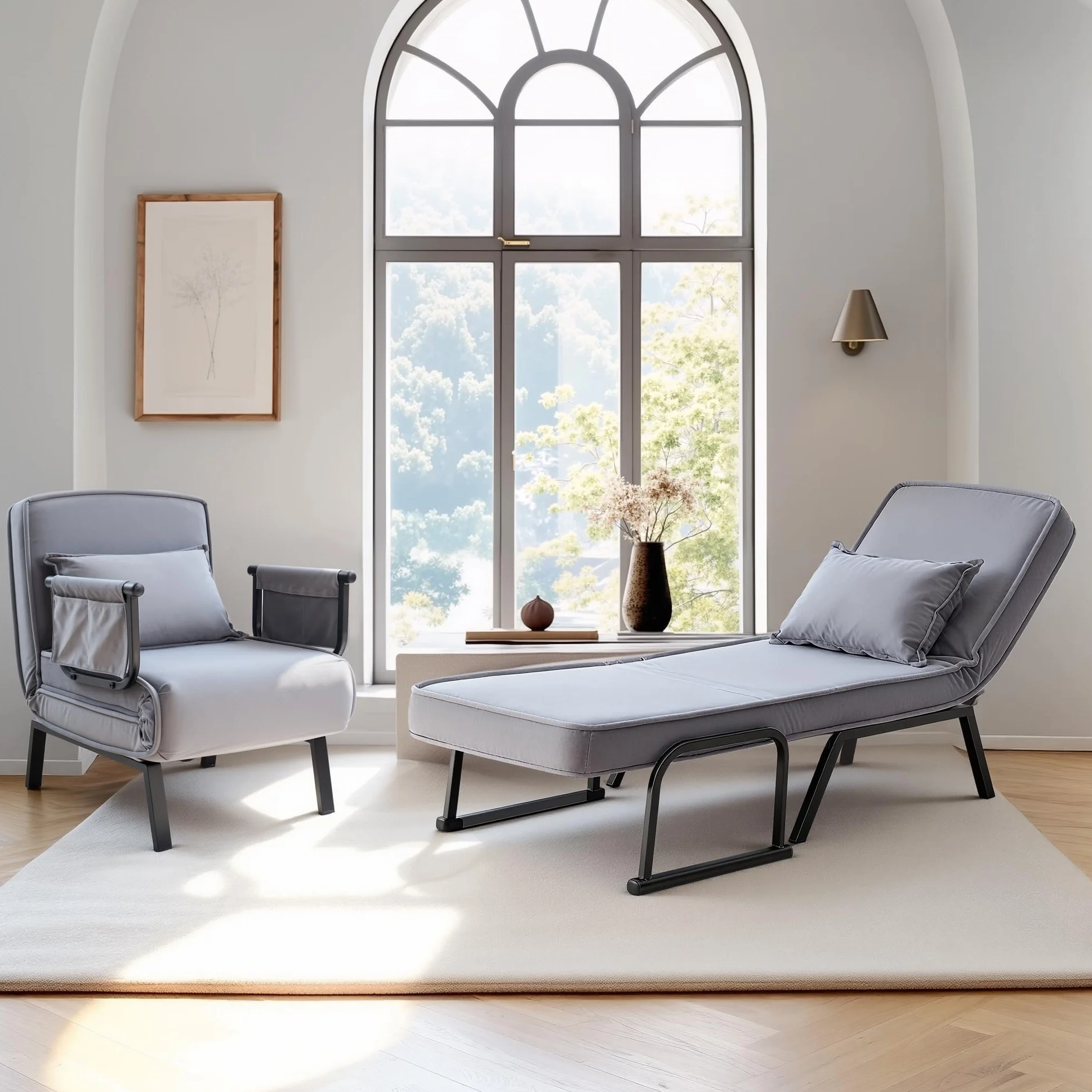 FLEXISPOT Sillón Cama 3 en 1 con función de Cama, Respaldo Ajustable, sofá Cama de Lino con Bolsillo Lateral, Patas Plegables, Ahorra Espacio para salón, Dormitorio u Oficina (Gris)