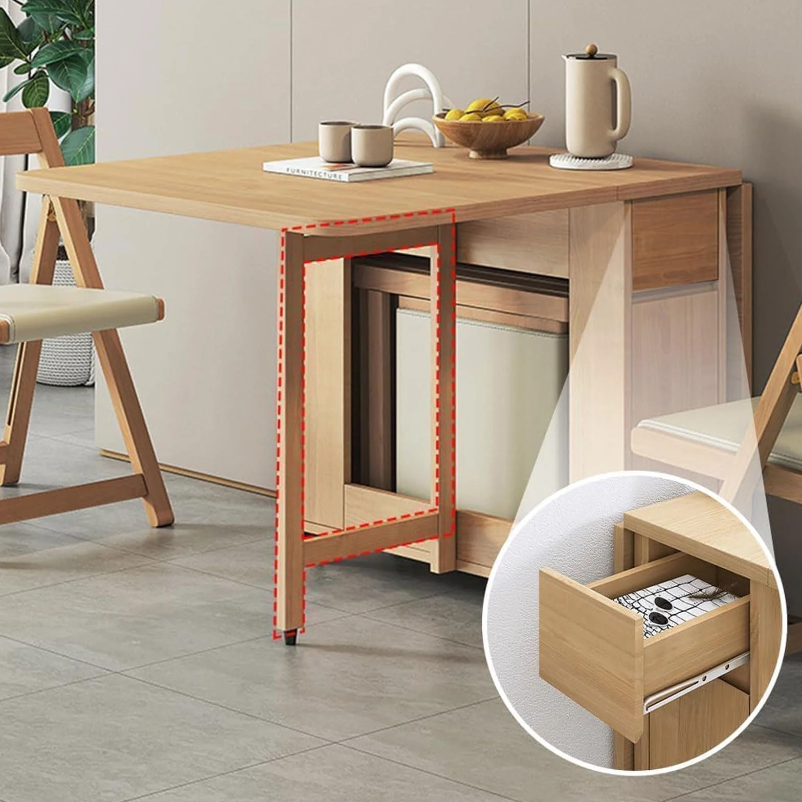 Juego de Mesa de Comedor Plegable, Comedor Extensible Que Ahorra Espacio con 2 cajones de Almacenamiento Ocultos y 4 Ruedas, Mesa Auxiliar abatible for Apartamentos y hogares