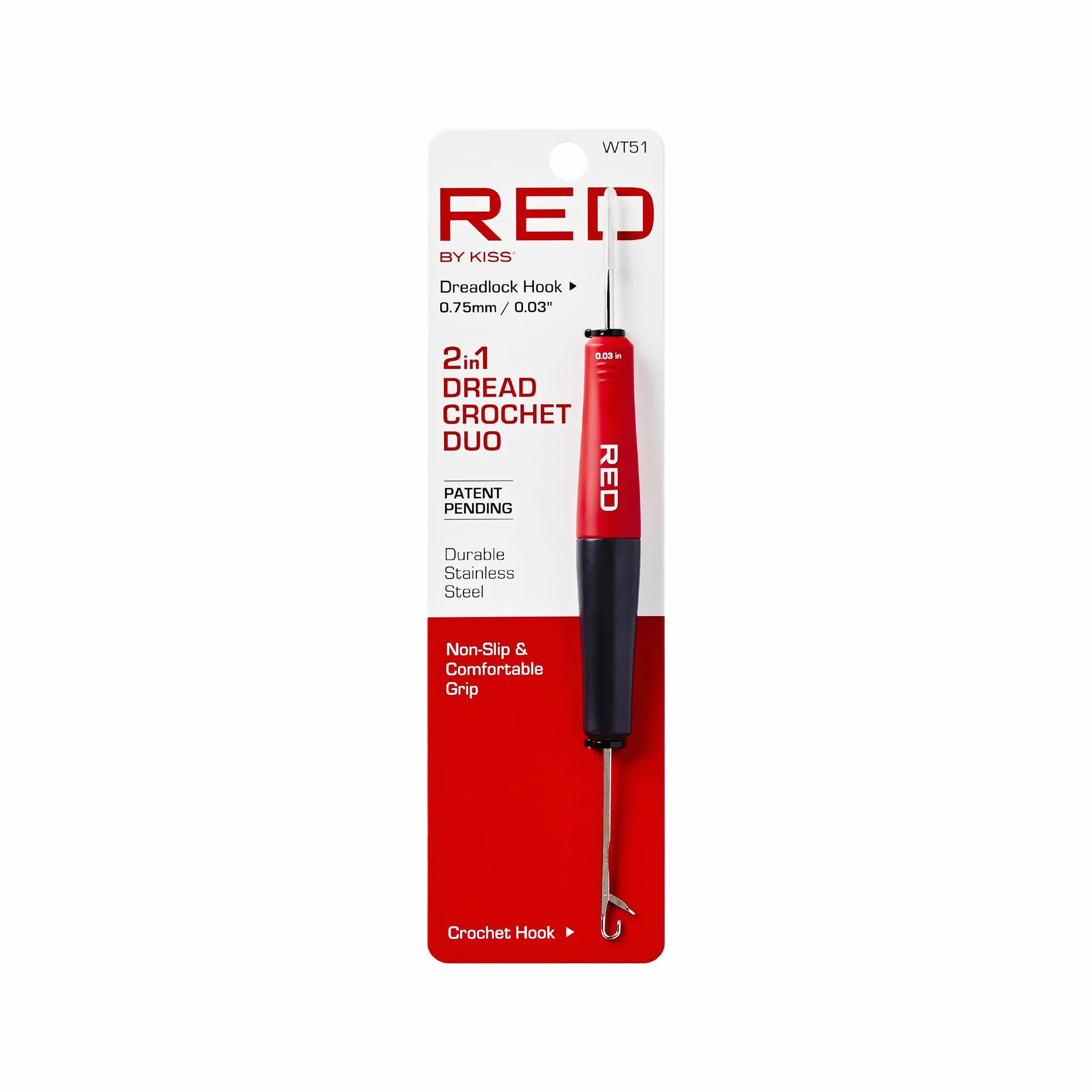 Red by Kiss Dread Crochet Hook Duo 2 en 1 de 0,75 mm, aguja de bloqueo y gancho de ganchillo para principiantes, agarre antideslizante, tejido de pelo para rastas retorcidas