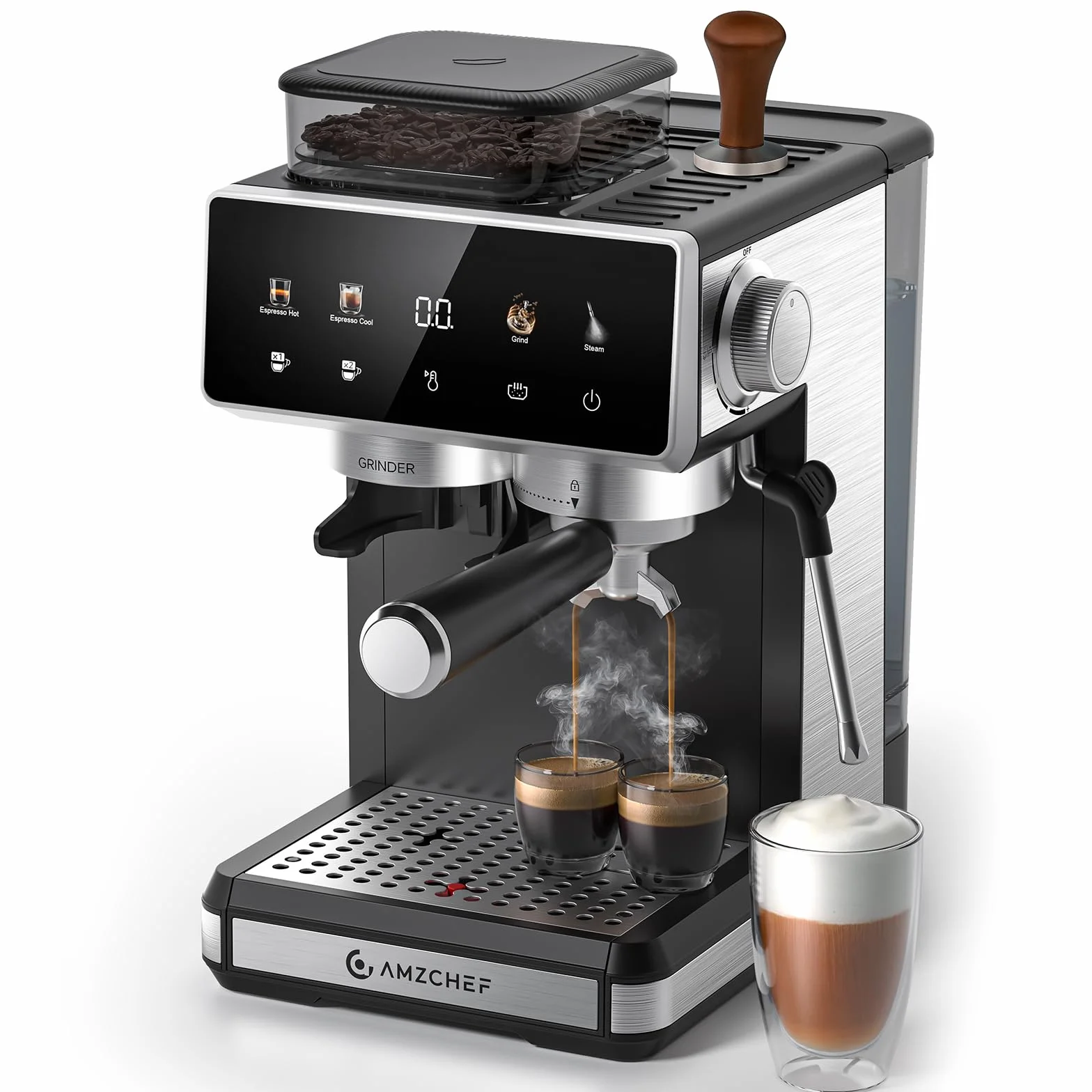 AMZCHEF Cafetera express con molinillo, cafetera espresso 20 bar para casa con vaporizador de leche, 3 niveles de temperatura, 20 ajustes de molienda, función de café frío y caliente, pantalla táctil