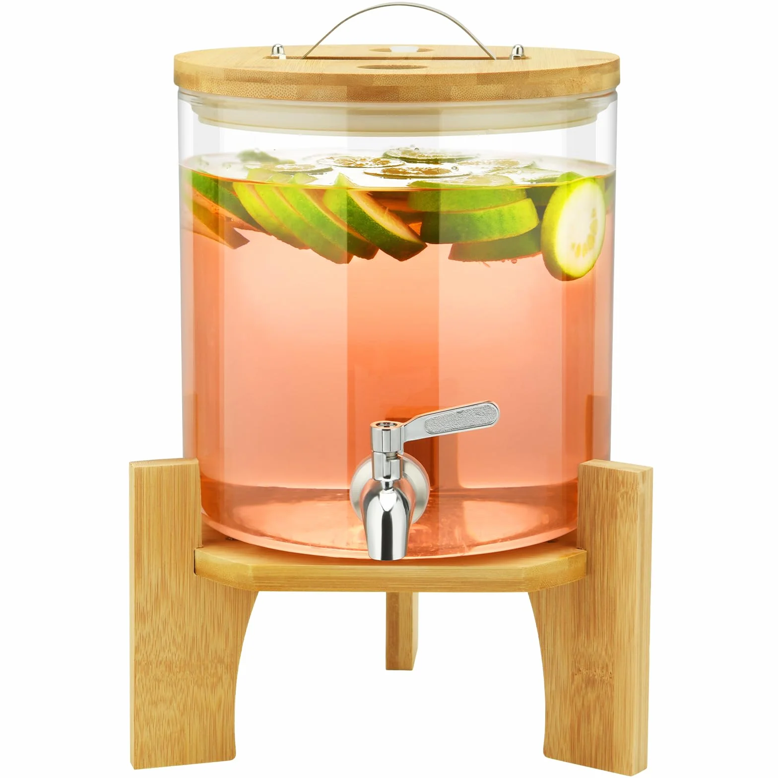 Hisredsun Dispensador de bebidas heladas o calientes de 5 litros con grifo de acero inoxidable | Apto para lavavajillas e incluye soporte de bambú, vidrio de borosilicato grueso que soporta -20 °C a 150 °C