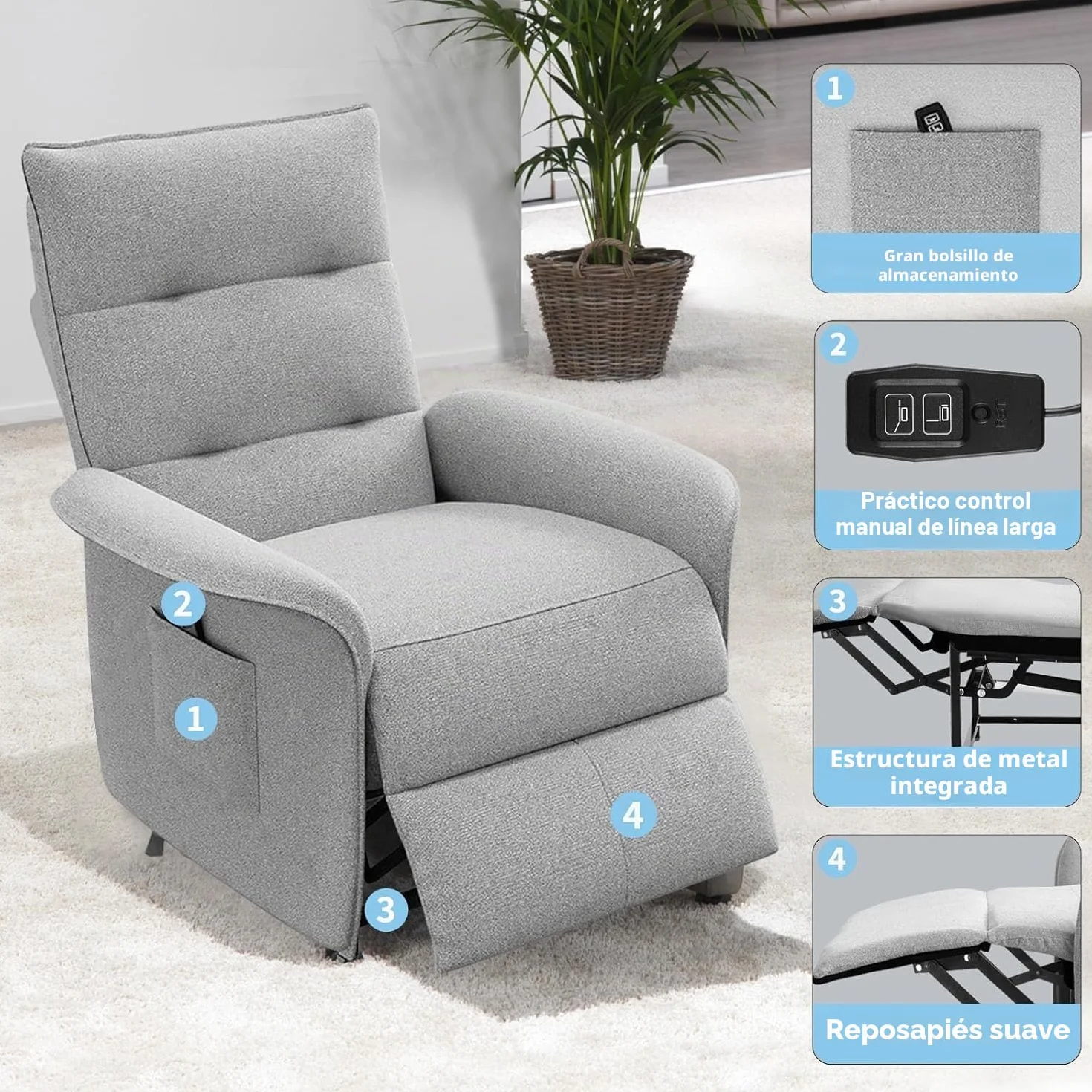 Sillón Relax Eléctrico con Respaldo Inclinable, Capacidad 150 kg - Elegancia y Confort para el Hogar y la Oficina