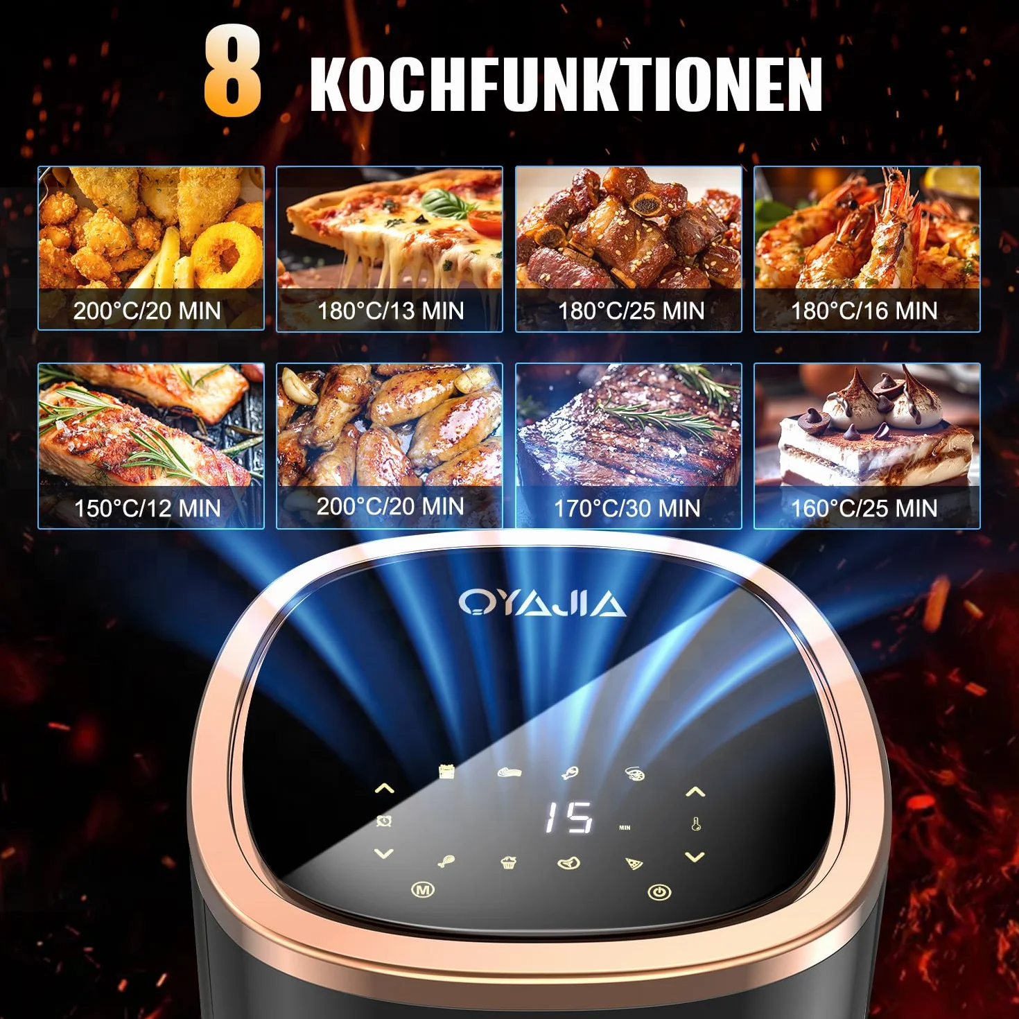 Freidora de aire caliente, 6 litros, airfryer con 8 programas, tecnología Rapid Air, pantalla táctil, ventana de visualización, apta para lavavajillas, freidora sin aceite, parrilla digital, horneado