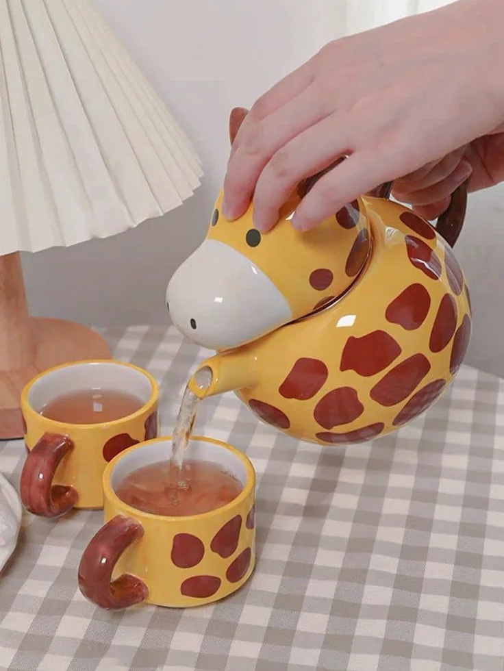 RORA Jirafa - Tetera de Cerámica Con 2 Tazas, Juego de Porcelana Pintada a Mano para Café, Latte, Leche y Té de Flores y Frutas (17 Onzas/500 ml)