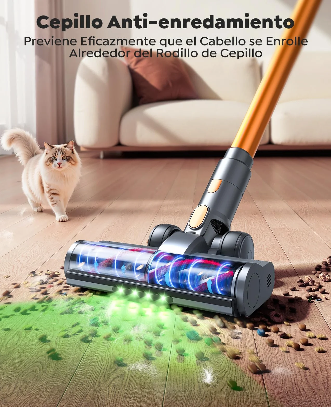 50KPA/600W Aspiradora sin Cable Potente, 65Min(ECO) Aspirador Escoba Vertical con Modo Automático, Cepillo Anti-Enredo, Manguera de 1M y Luz LED, Ideal para Pelo de Mascotas, Alfombras y Coche