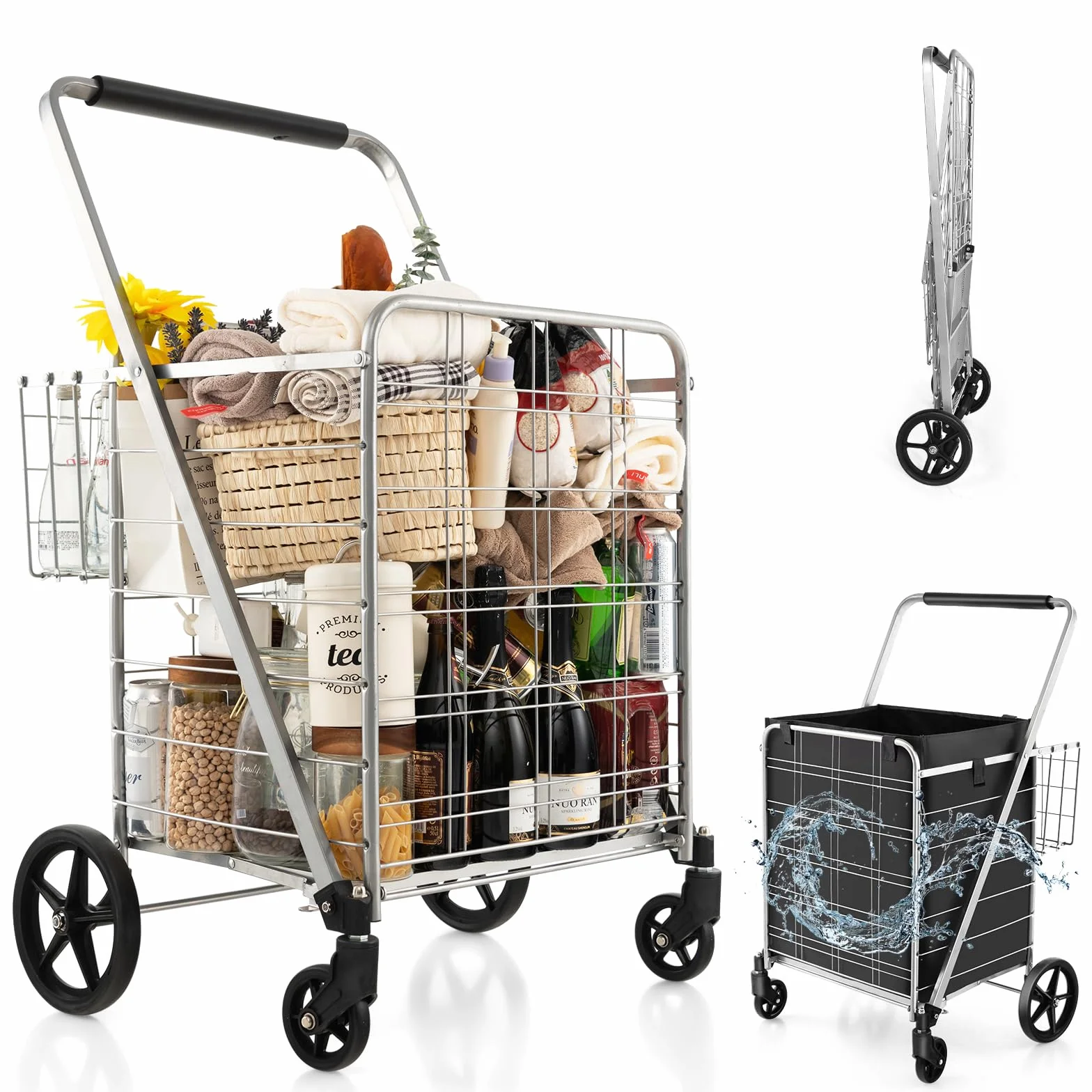 GOPLUS Carro de la Compra Plegable 126L, Carrito Compra Portátil Grande con Ruedas Universales y 2 cestas, Bolsa Impermeable Extraíble, Carga Máxima 150KG, Ideal para Lavandería Equipaje, Plateado