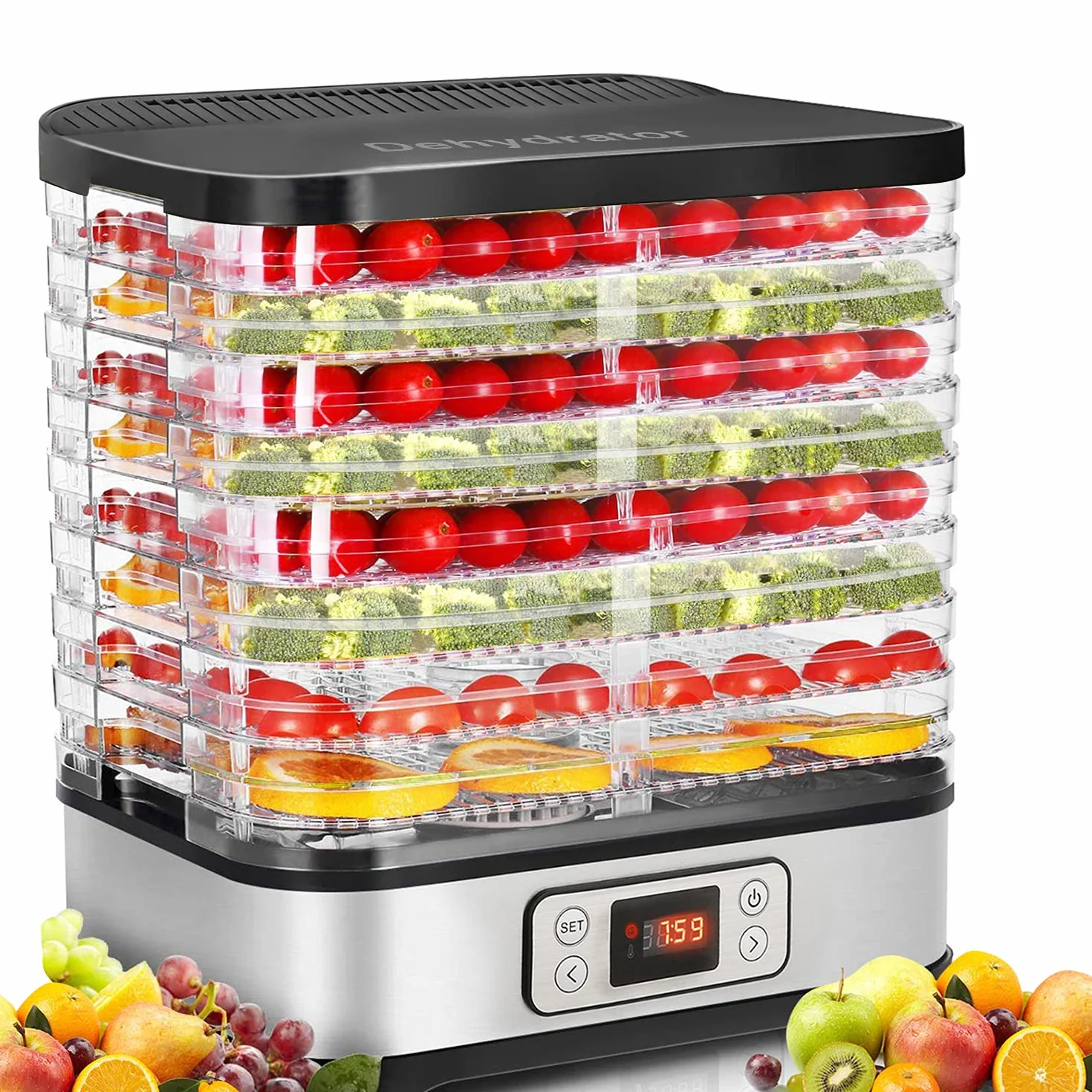 COOCHEER Deshidratador de Alimentos 8 Pisos Bandejas, Deshidratador de Frutas y Verduras 400W con Temporizador 72H y Temperatura ajustable, Pantalla LCD, sin BPA Transparente