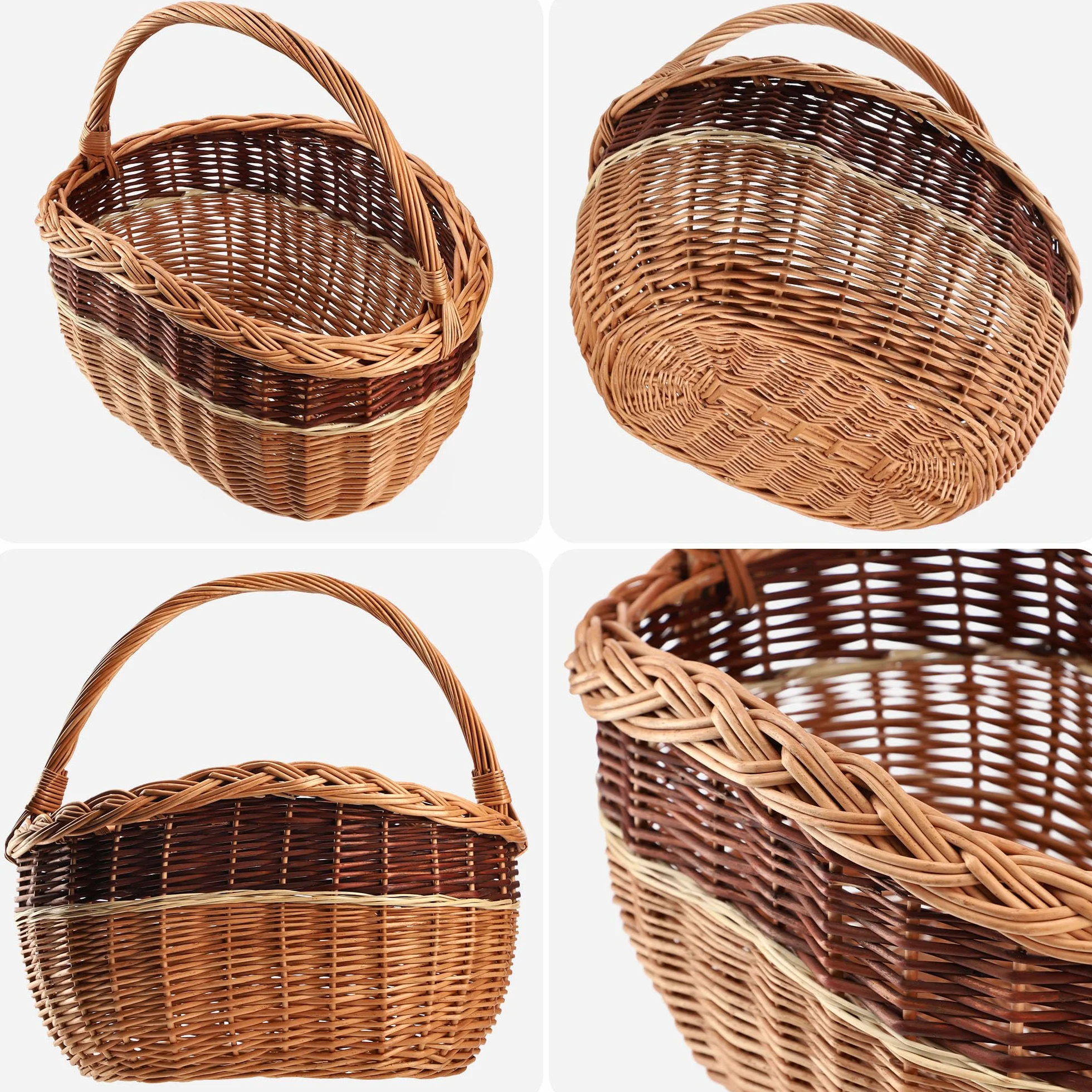KADAX Cesta de mimbre para setas, compras, picnic, ovalada, marrón, mango de madera de sauce, 43 x 30 x 43 cm