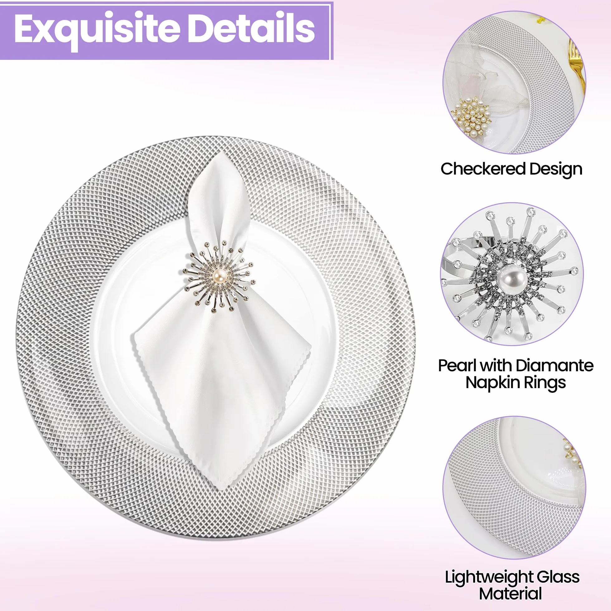 Elegante juego de 12 platos de carga plateados con diseño a cuadros con servilleteros de perlas, cargadores de platos de cristal de 33 cm para bodas, fiestas y eventos especiales, decoración de mesa