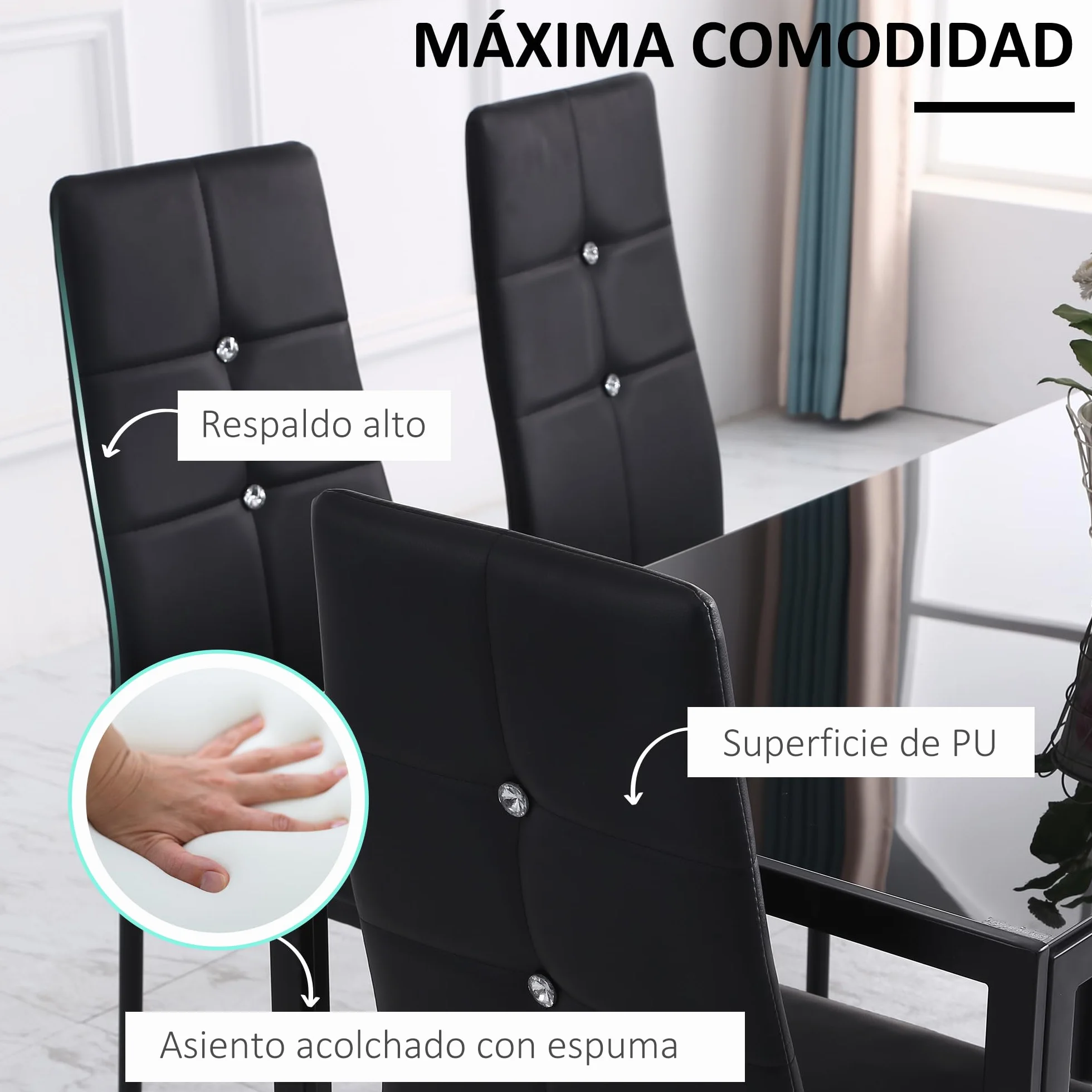 HOMCOM Juego de 6 Sillas de Comedor con Respaldo Alto para Salón Negro | Tapizada en PU, Sillas de Cocina Modernas, Botones, Patas de Acero, Dormitorio