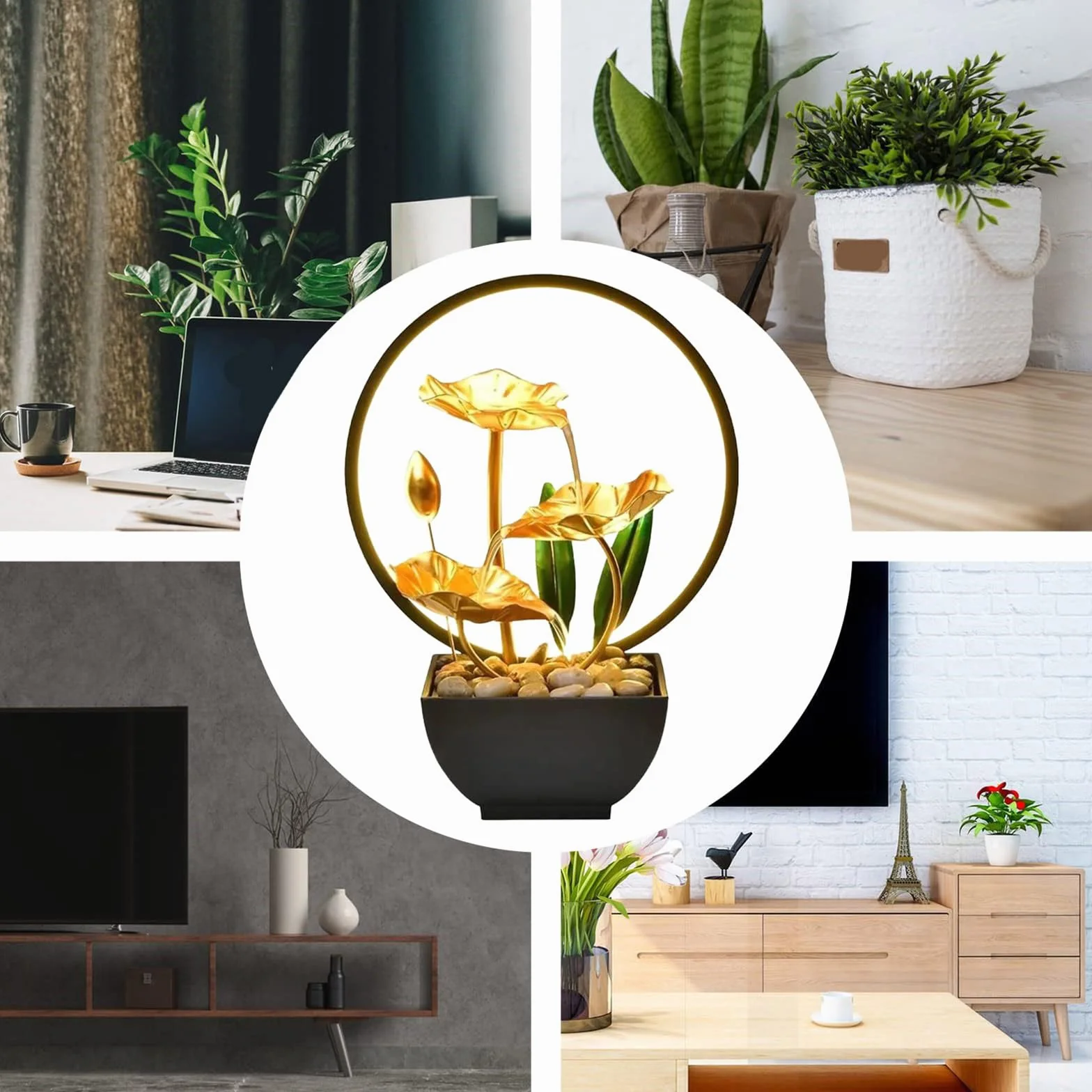 Fuente de cascada para interiores de 3 niveles con luz LED y piedras para calmar la decoración del hogar y la oficina, regalo de Año Nuevo, fuente pequeña para interiores
