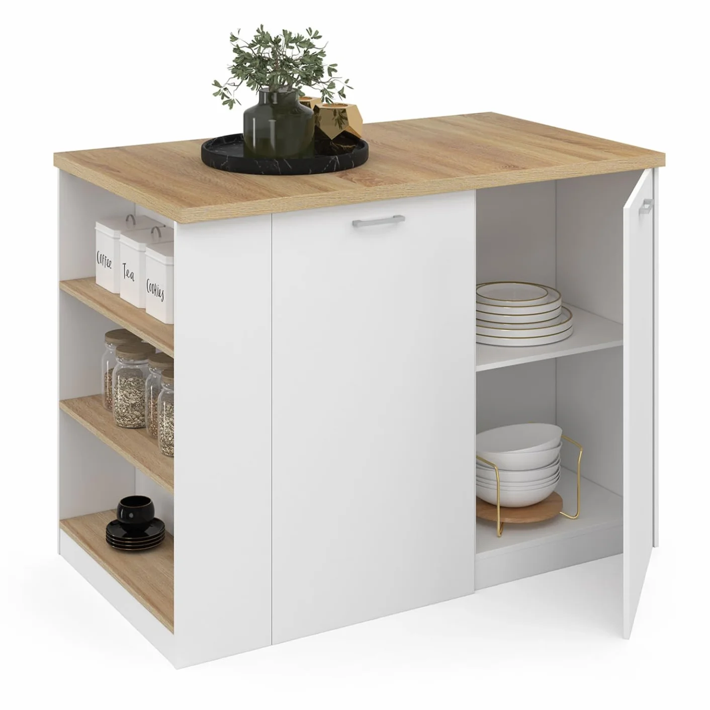 IDMarket - Isla Central Tibo, 120 cm, madera, color blanco, con encimera en imitación de haya