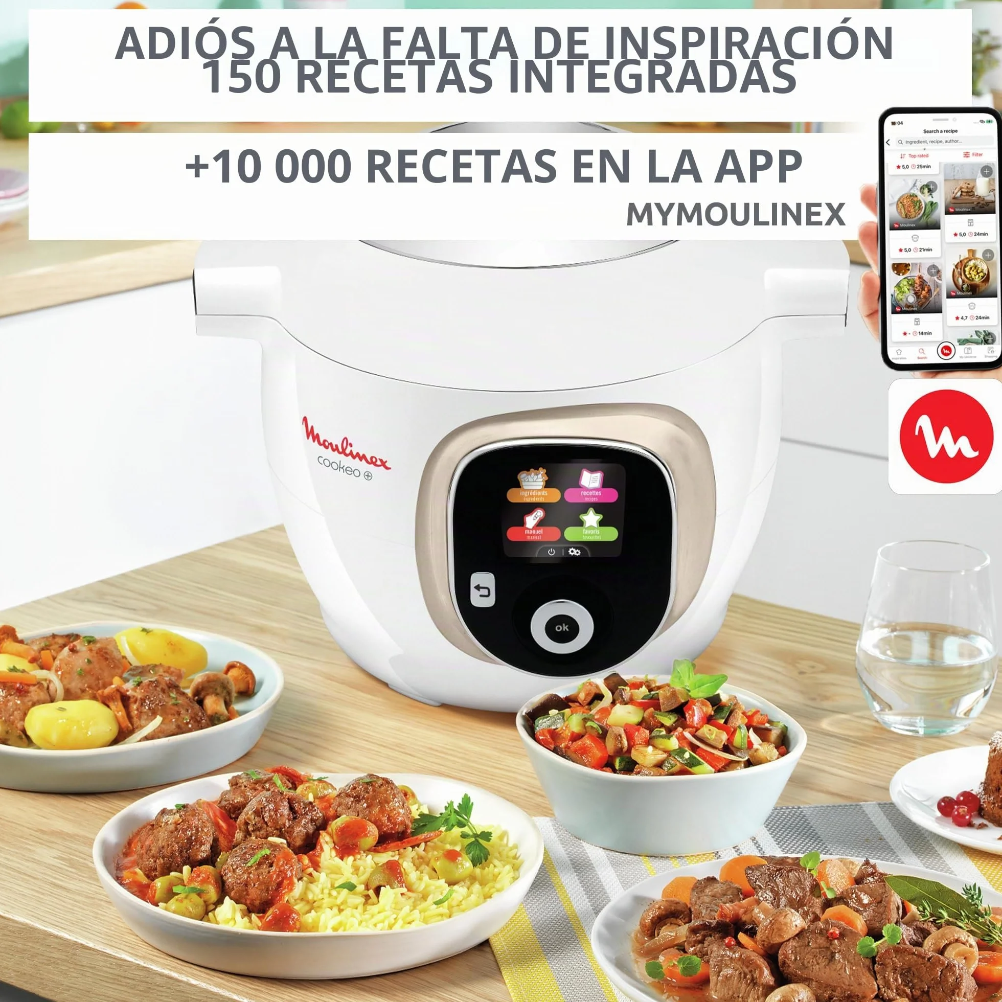 Moulinex, Cookeo - Multicooker inteligente 6L, 150 recetas integradas, cocción sin vigilancia, pantalla intuitiva, guía de cocción, aplicación MyMoulinex, 1600 W, blanco, 15 años reparabilidad