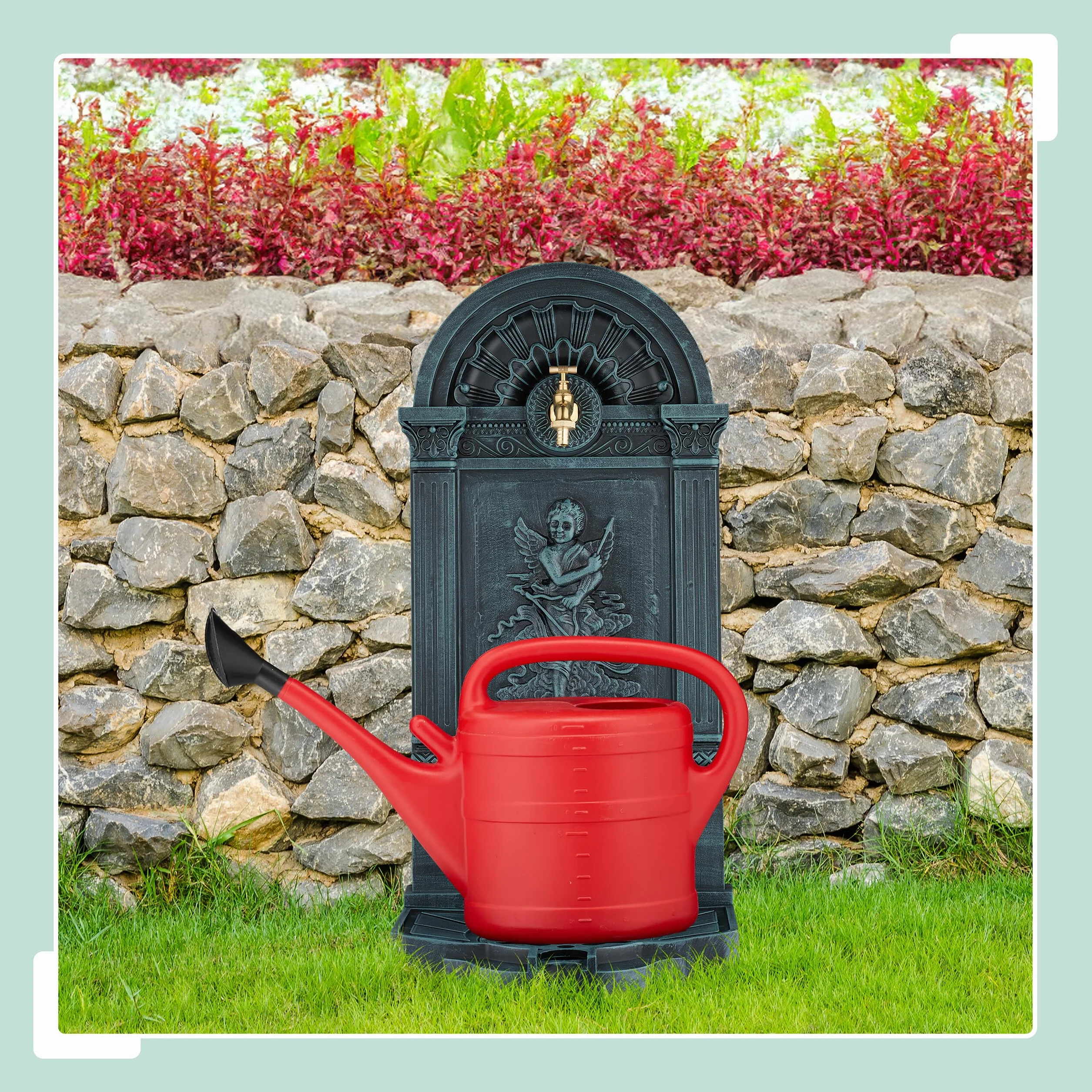 Relaxdays Fuente de Pie Antiguo con Ángel, Grifo y Lavabo 83 x 39 x 33 cm, Fuente Jardín Gris/Verde