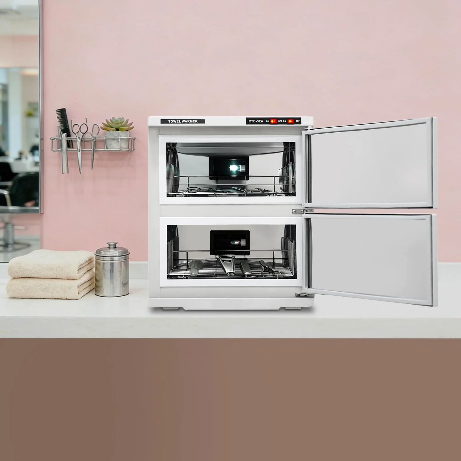 Calentador de toallas de 36 L, 2 puertas, con esterilización UV | Toallero desinfectante de gran capacidad, toallero con bandeja recogedora y asas, calentador de toallas para hotel