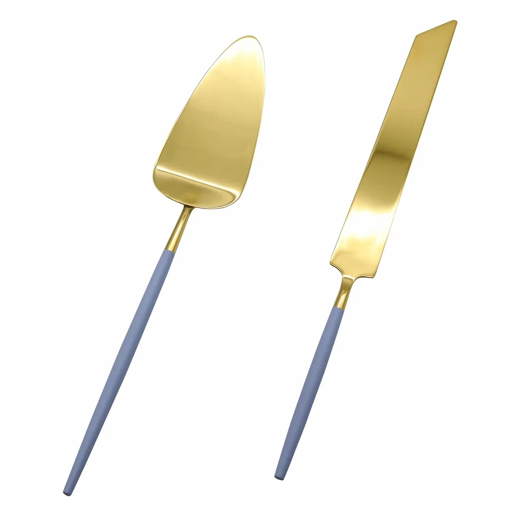 Koyal Wholesale Moderno juego de cuchillos y servidor para tartas de boda, cortador de pastel dorado y servidor de 2 piezas con mango azul polvoriento