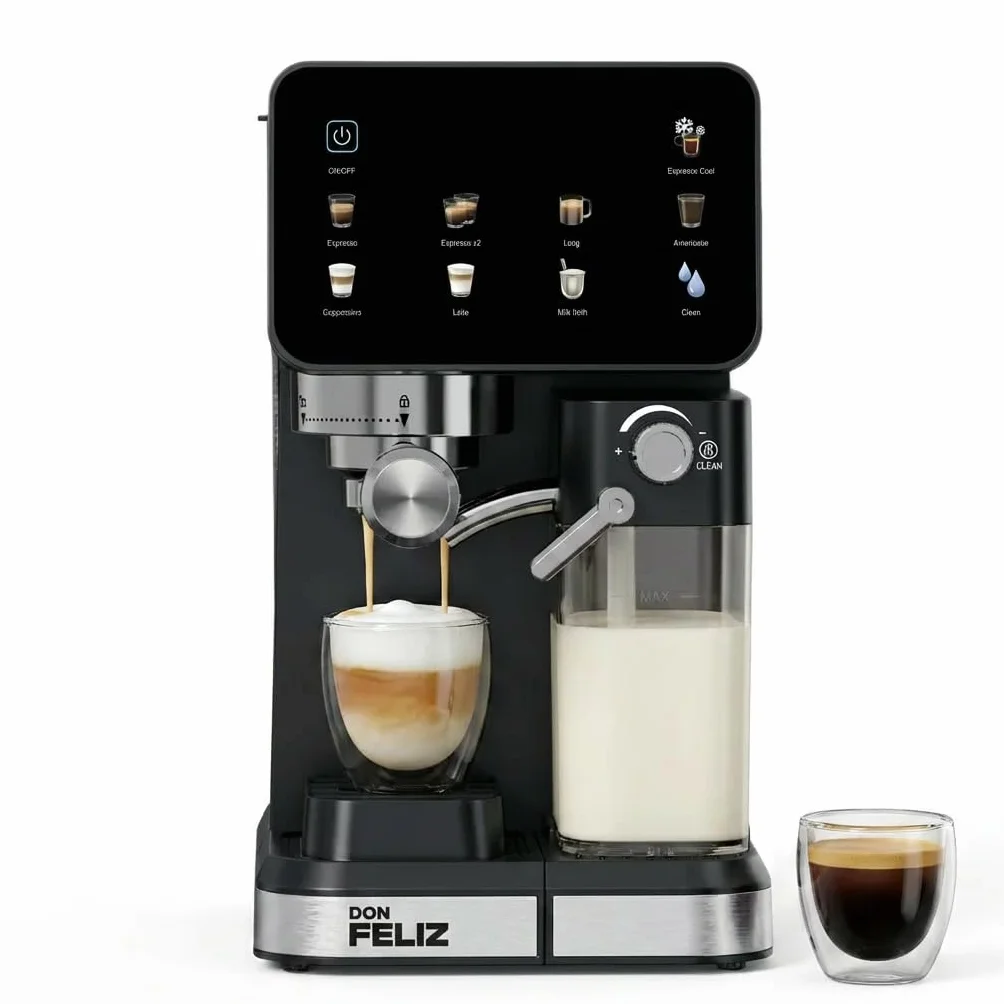 Don Feliz Cafetera Espresso Semiautomática 20 Bar 1350W con Pantalla LCD, Depósito de Leche 500ml, Depósito de Agua 1.5L, Compatible con Nespresso, Cappuccino, Americano, Autolimpieza