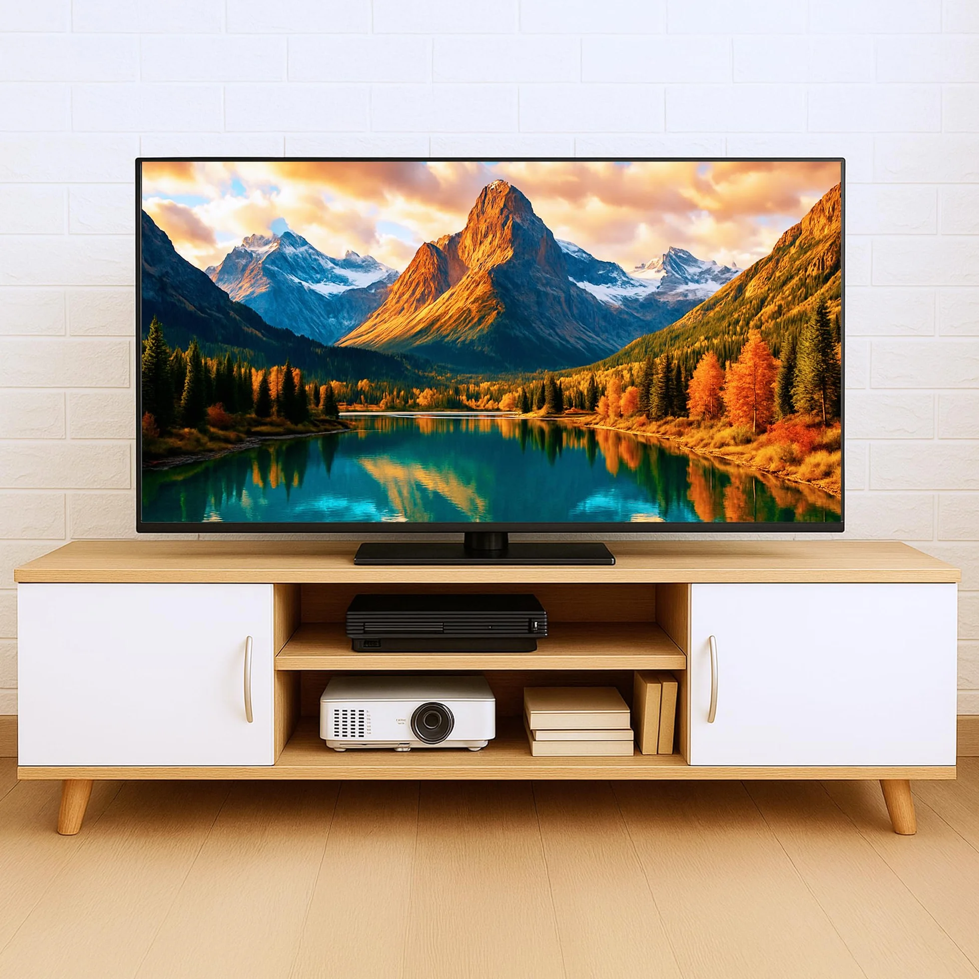 Mueble TV 120 cm para salón moderno, Color Roble y blanco, Mesa para televisión hasta 55 pulgadas con almacenaje, Estante y dos puertas, Mueble bajo blanco robusto y elegante, Patas en madera maciza
