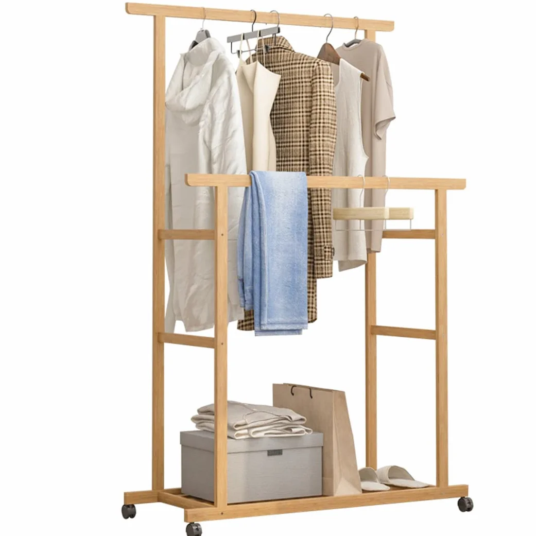 unho Perchero Burro Bambú con Ruedas: Perchero Pie para Colgar Ropa Multifuncional Tendedero Perchero Prendas para Hogar Tienda Dormitorio 80 x 40 x 160cm | Perchero de pie doble para la entrada, el vestidor o el salón
