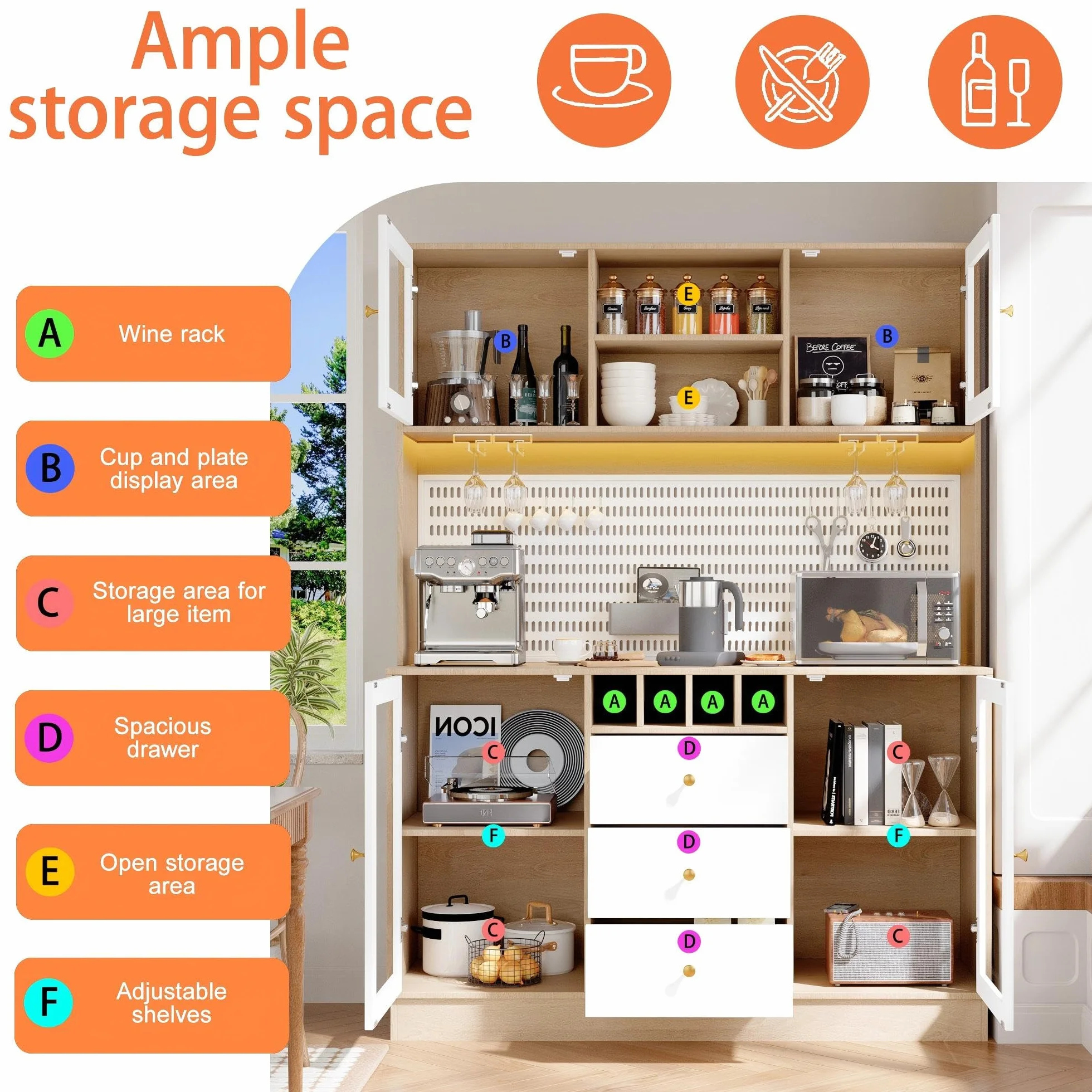 Alacena de Cocina Aparador Alto Moderno con LED y Placa Perforada, Armario Cocina con Botellero, Mueble Auxiliar Aparadores, 3 Cajones y 4 Puertas, Dispositivo Antivuelco, 140x40x185.7 cm,Blanco