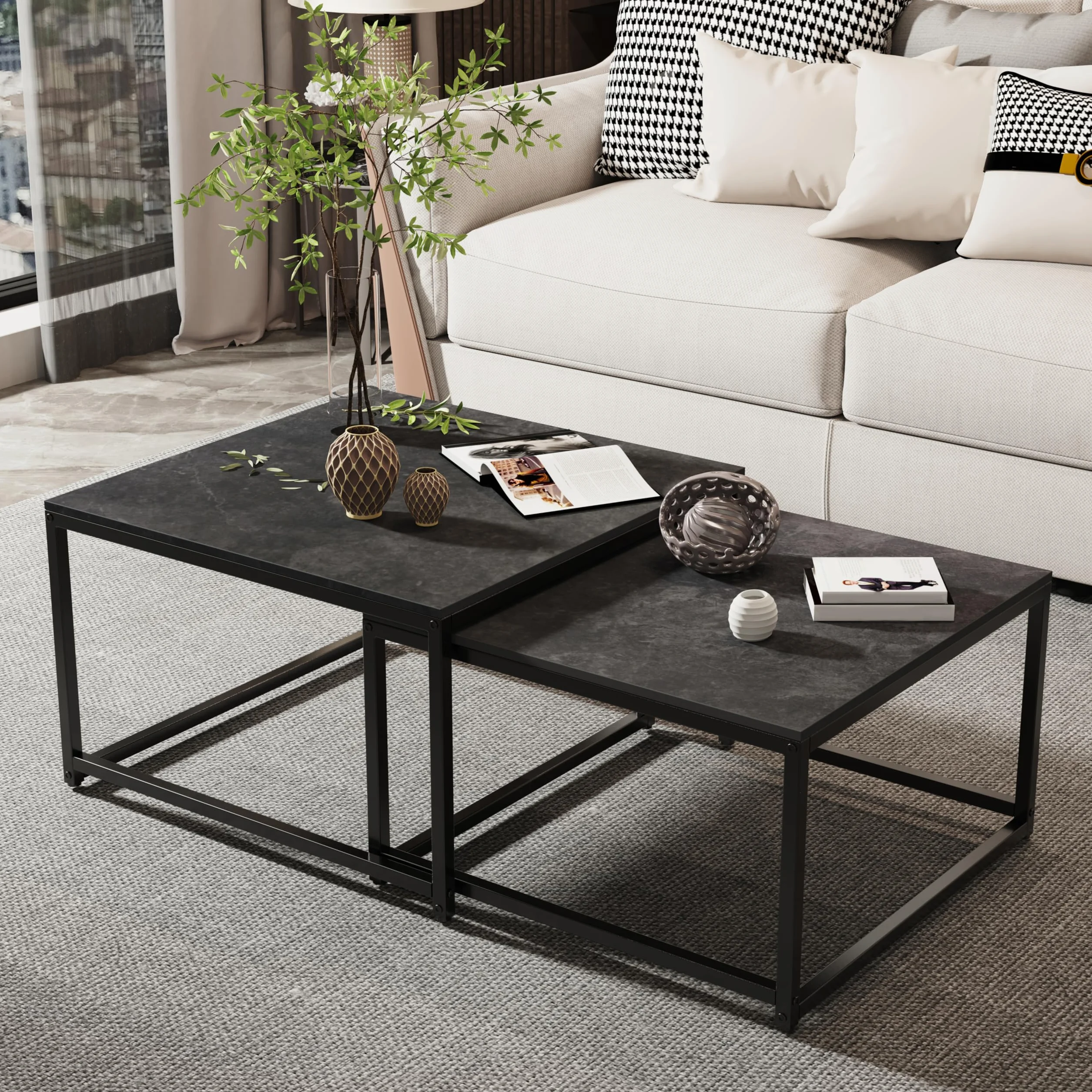 FATIVO Mesa Nido de Centro de Mármol: Mesa de Café Cuadrada Nórdica de Piedra Sinterizada y Metal para Salón Sofá Hogar Oficina, Antracita