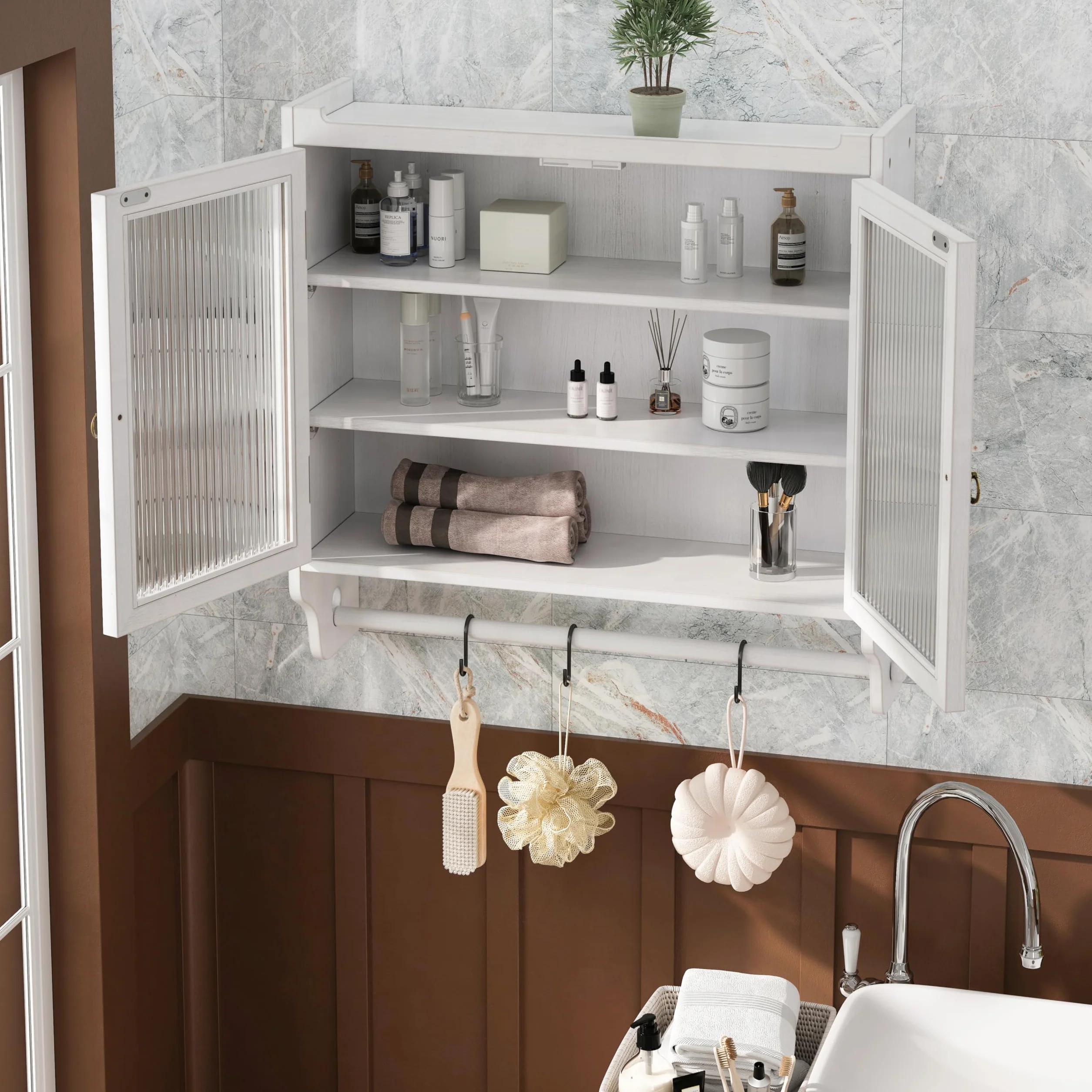 Gabinete de pared vintage de doble puerta de cristal con tres niveles de almacenamiento y estante de toalla, para baño, cocina o sala de comedor, blanco lavado (blanco)