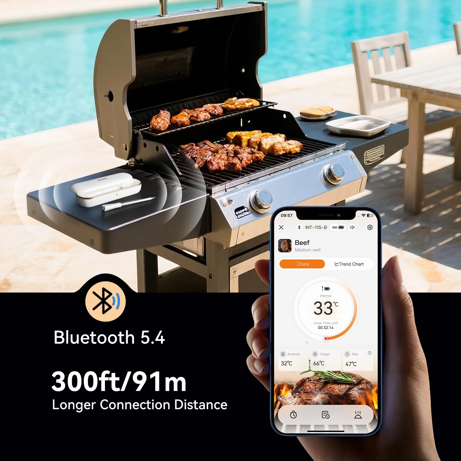 INKBIRD Termómetro de carne inalámbrico Bluetooth. Sonda de carne multisensor precisa, con alarmas de temperatura alta y baja e indicador de tiempo de cocción, ideal para principiantes de barbacoa y