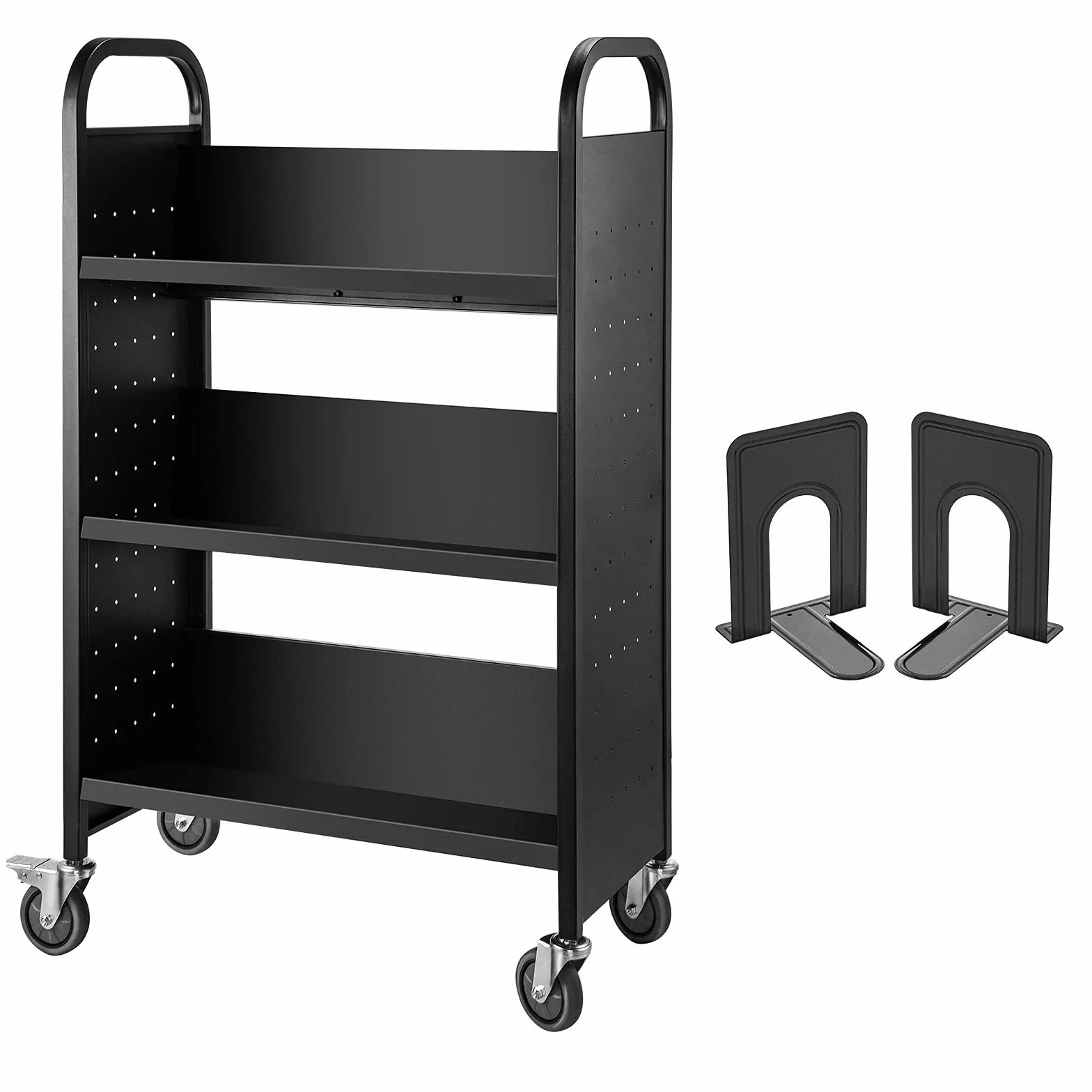 VEVOR Carrito Negro para Libros con Ruedas, Carro con Estantes Inclinados en Forma de V de un Solo Lado, 1250 x 750 x 350 mm, Carga de 90 kg, Carro de Libros para Biblioteca, Oficina, Escuela, Casa