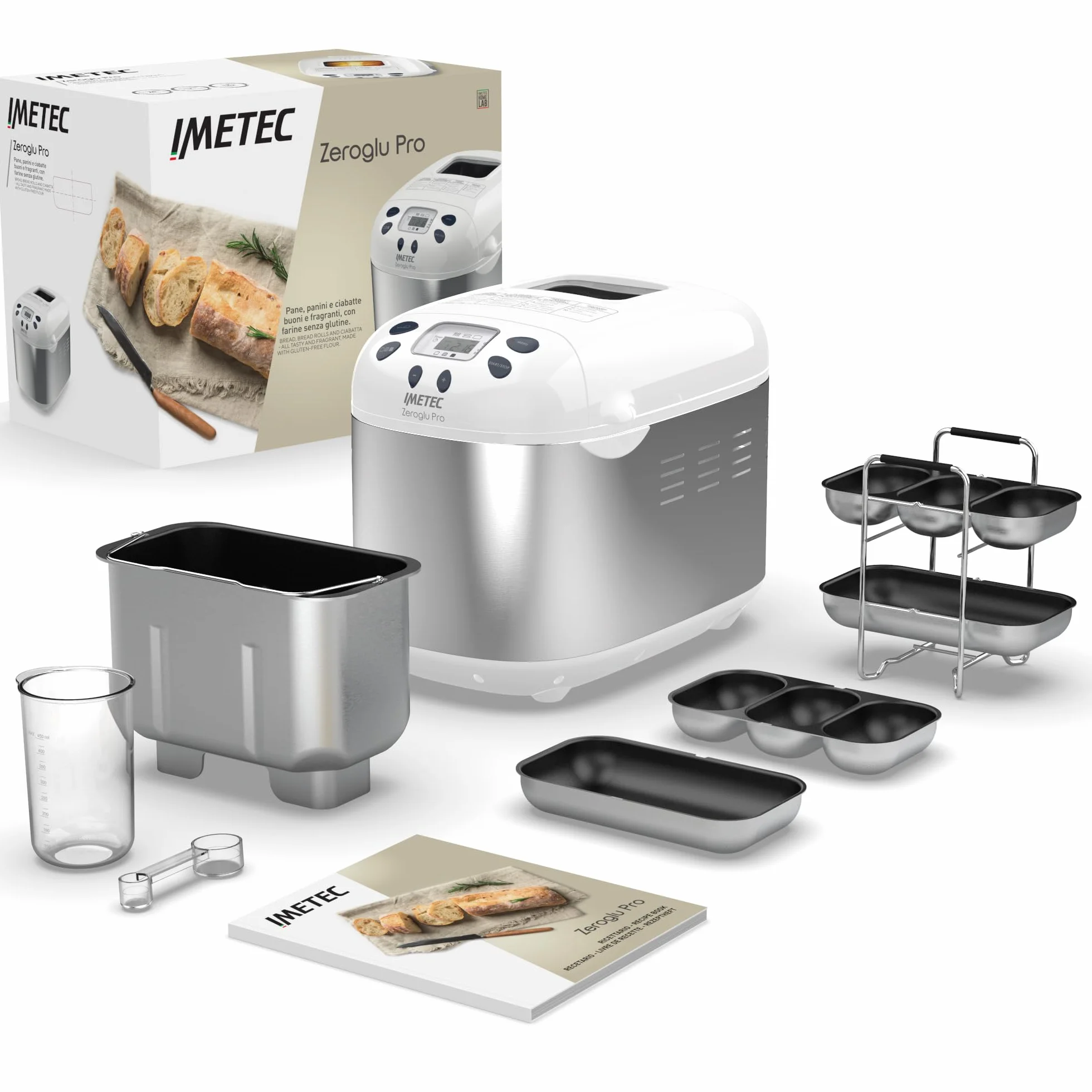 Imetec Panificadora Zero-Glu Pro, 20 programas para hacer pan, chapatas y panecillos sin gluten para celíacos, masa para pizza, dulces, mermeladas, temperatura controlada de fermentado, recetario