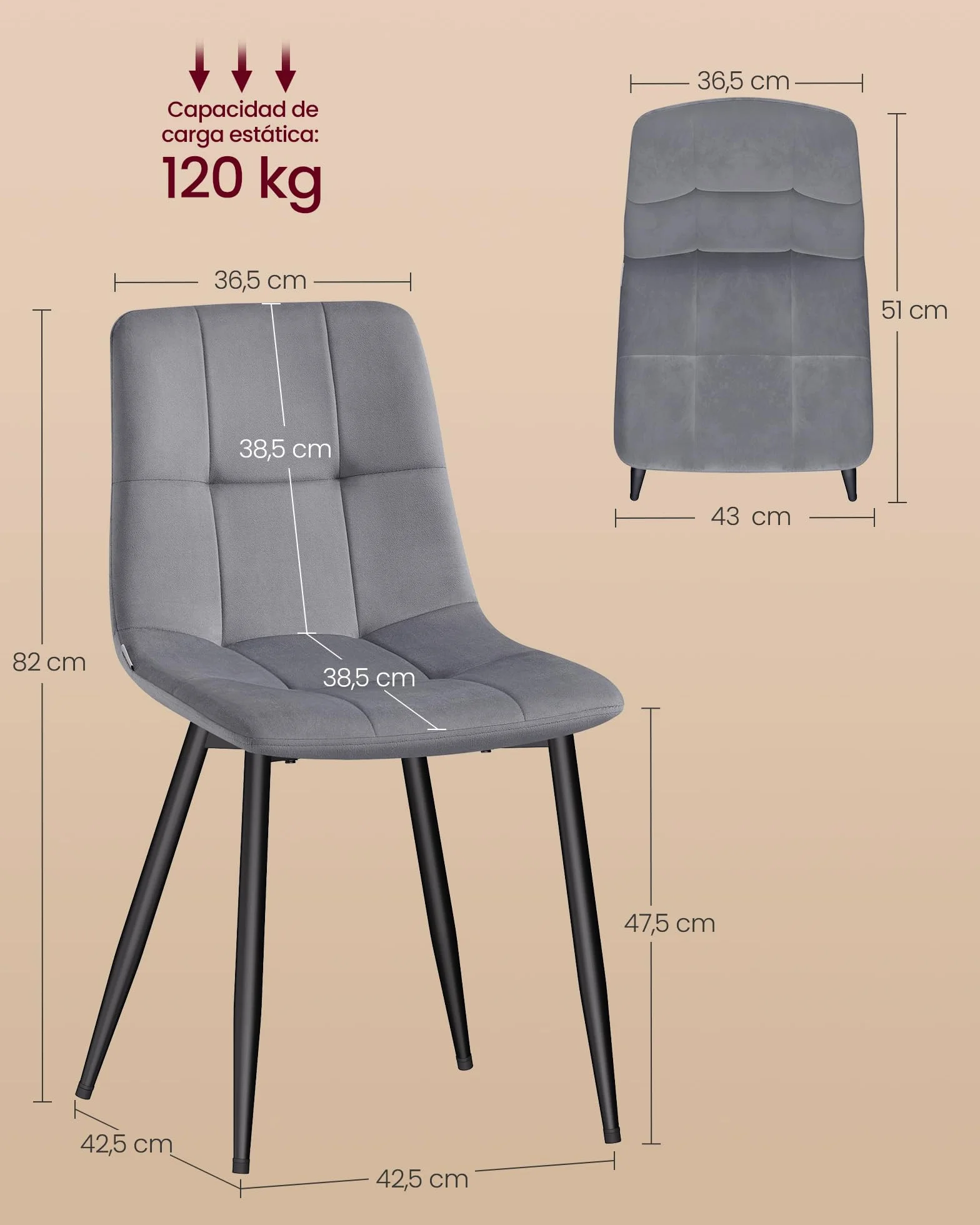 VASAGLE Sillas de Comedor de Terciopelo, Carga 120 kg Cada Una, Sillas de Cocina Acolchadas con Pies Ajustables, Estilo Moderno, para Salón, Juego de 4, Gris Pizarra KDC080GN01