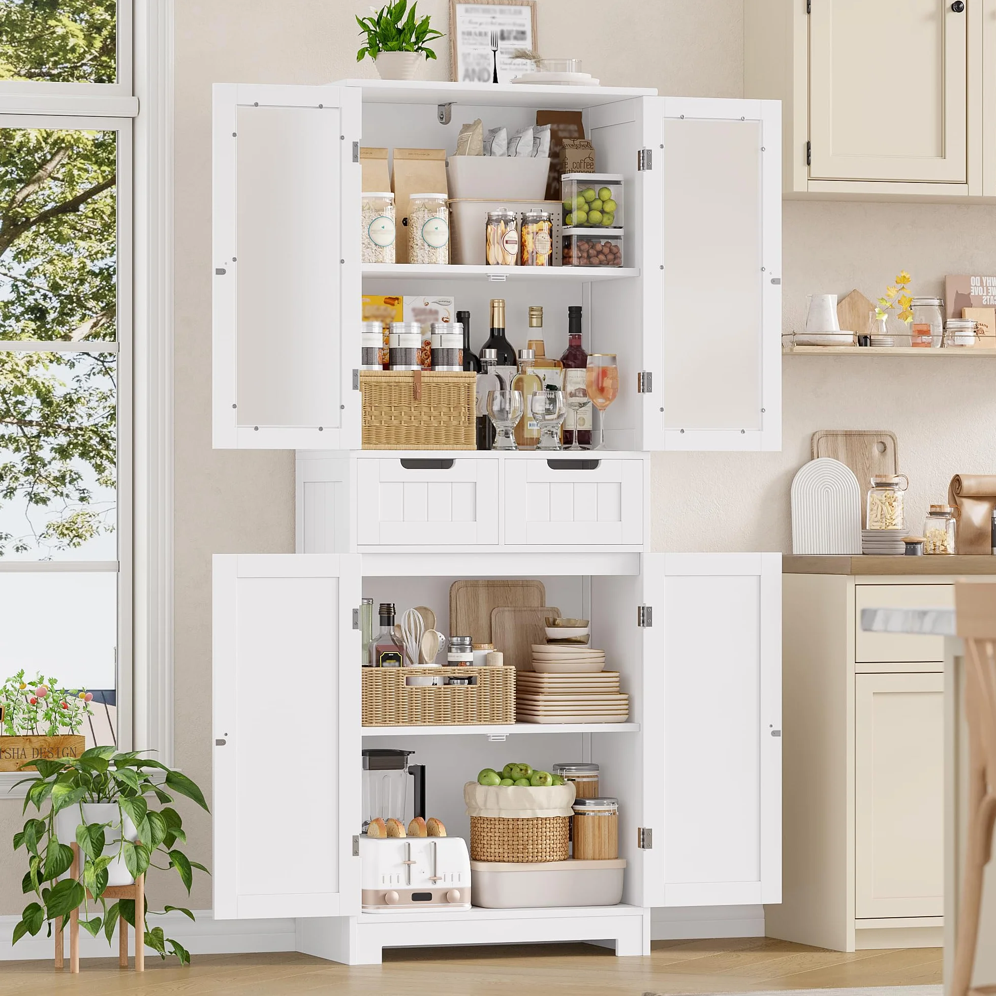 HOCSOK Mueble Columna de Baño, Mueble Auxiliar de Almacenaje con 4 Puertas y 2 Cajones, Armario de Madera de Suelo para Entrada, Salón y Cocina, 60 x 30 x 170cm, Blanco