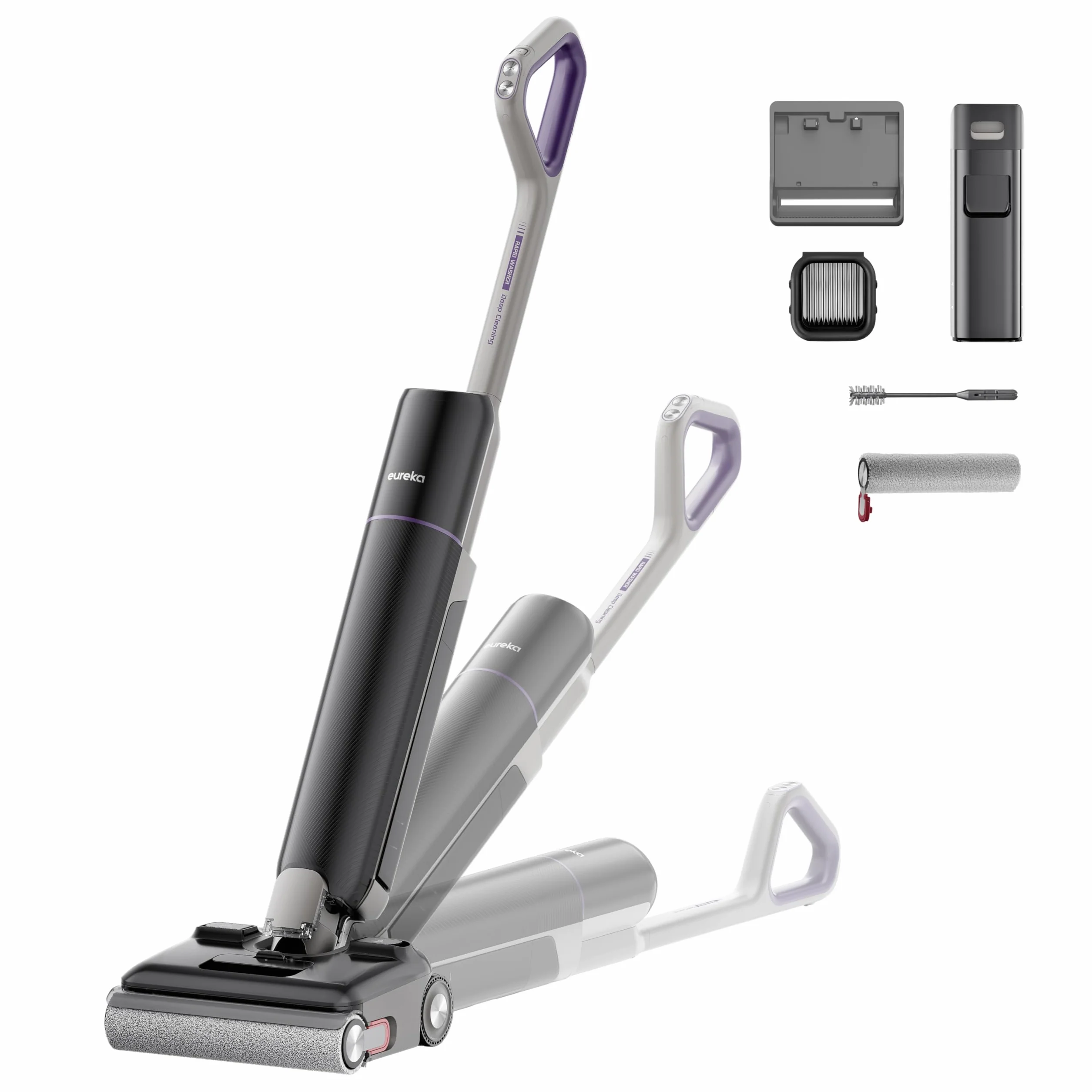 Eureka Aspiradora Fregona Sin Cable FloorShine 830, Aspirador y Fregasuelos en Seco y Húmedo 24kPa, Especial para Mascotas, Limpia Bordes, Antienredo, 60min, 180°, Autolimpieza con Secado 75°C, Negro