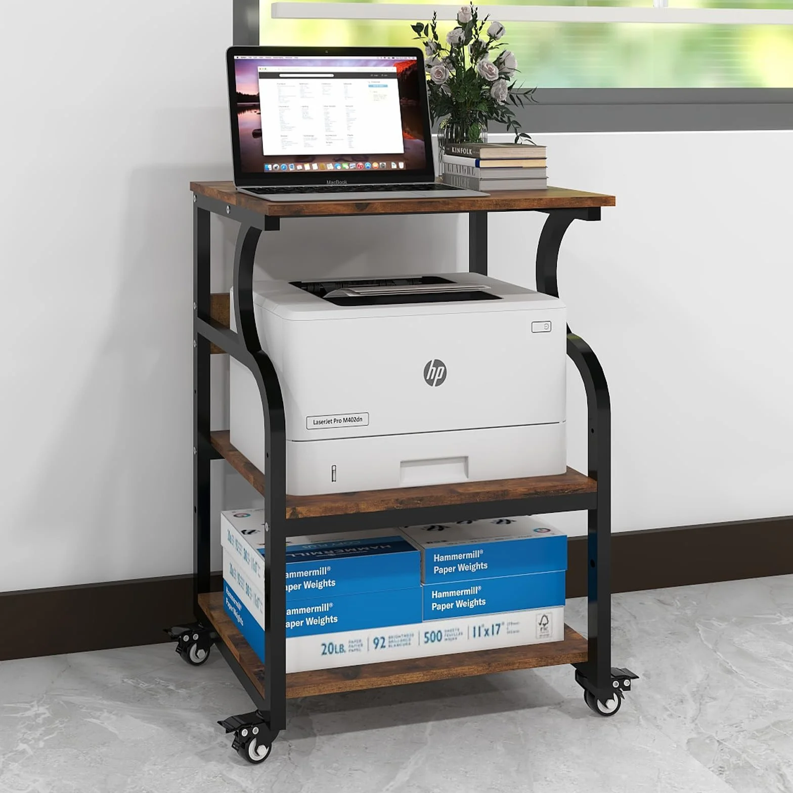 PUNCIA Mesa para Impresora Ajustable en Altura 60x50cm 3 Niveles con Ruedas Madera y Metal Carrito Almacenaje Oficina Escuela Estudio