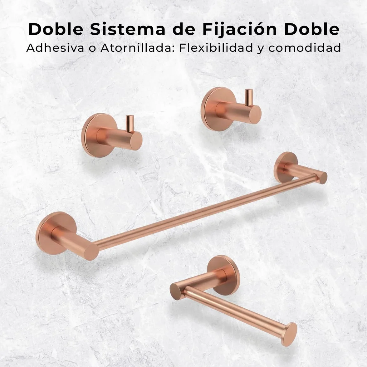 Set de 4 Accesorios de Baño Acero Inoxidable Piezas Premium - Toallero 40 Cm, Portarrollos y 2 Perchas - Color Oro Rosa Cepillado con Acabado PVD y Doble Fijación - The Bath Point