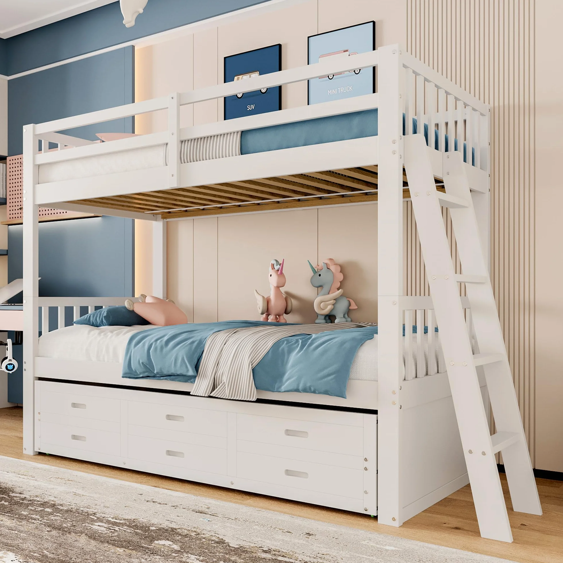 Litera de 90x200cm con Escalera Cama Nido Espacio de Almacenamiento de 3 cajones Cama Alta para 3 Personas Cama Familiar Estructura de Pino y MDF Cama de Invitados sin colchón Blanco