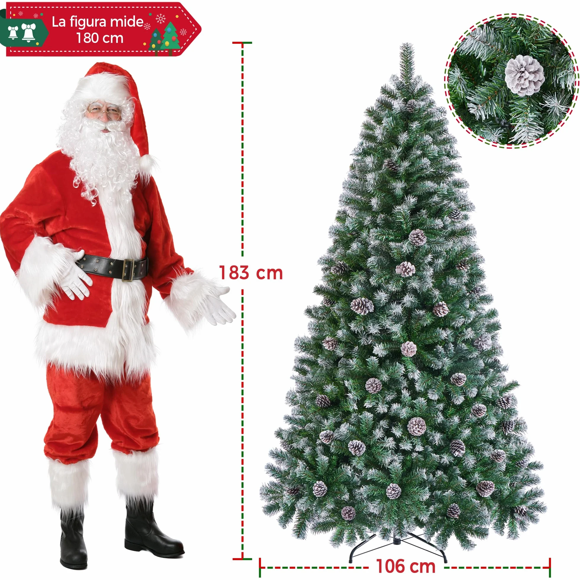 Yaheetech 183cm Árbol de Navidad Nevado Artificial 920 Puntas con 64 Frutas de pinos Soporte Metálico Plegable para Decoración Casa Oficina Fiestas Festivas