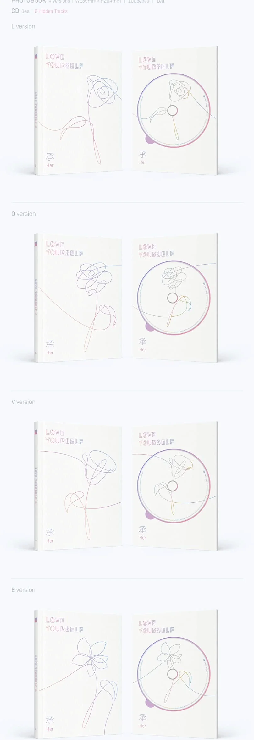 Big Hit Entertainment BTS Love Yourself Her 5th Mini Album [V Version] CD+Poster+Photobook+Photocard+Mini Book+Sticker Pack+(Extra BTS 6 Photocards+1 Double-Sided Photocard+Logo Sticker)