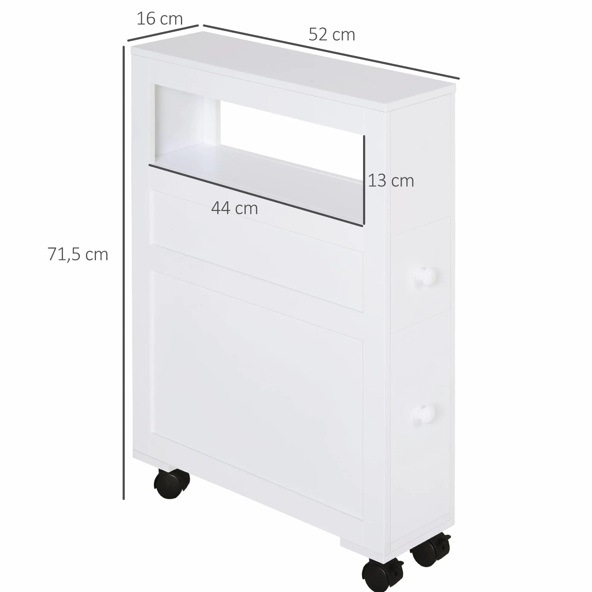 HOMCOM Armario de Baño con Ruedas Mueble de Baño Estrecho con 2 Cajones y Estante de Almacenamiento Carga 20 kg 16x52x71,5 cm Blanco