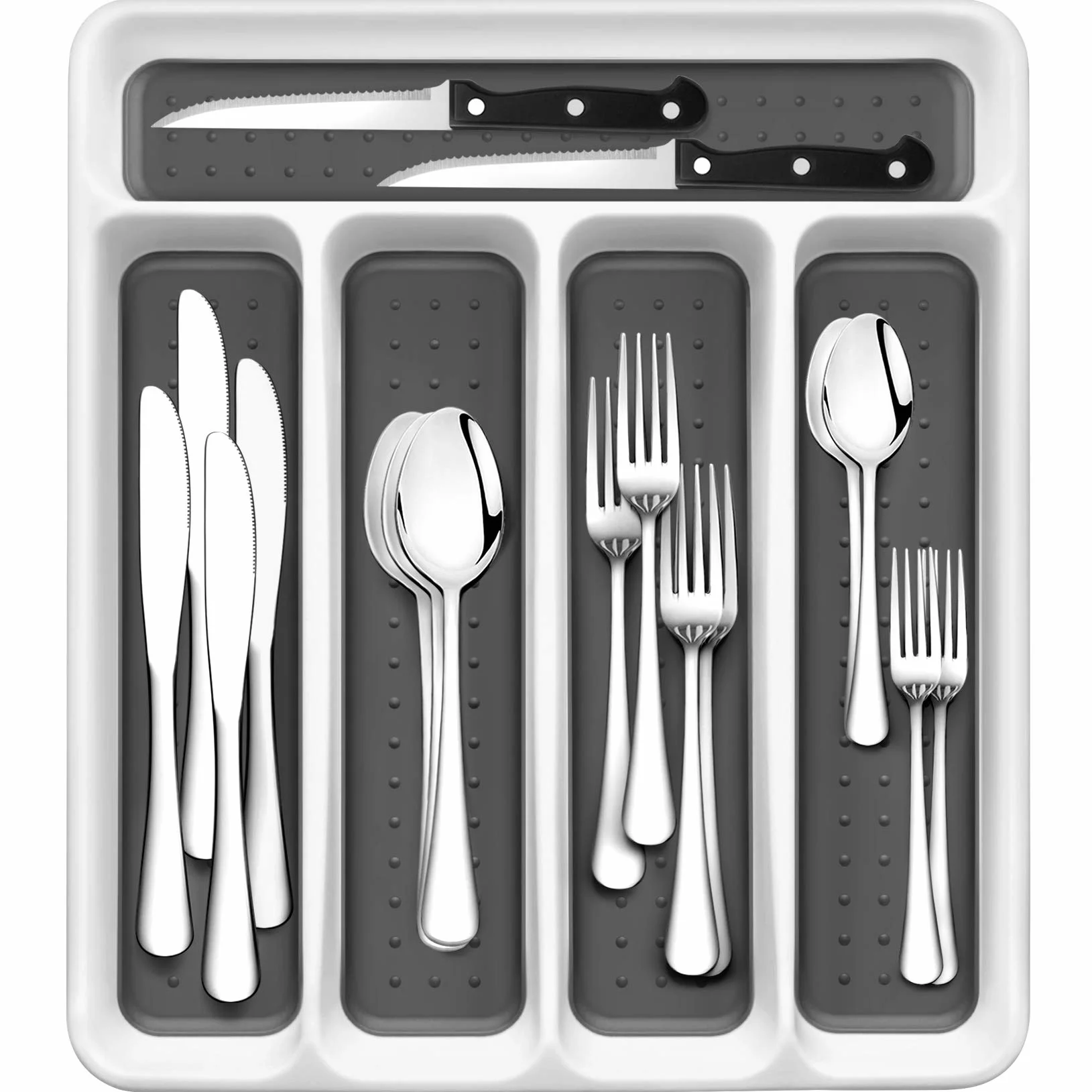 Juego de cubiertos de 24 piezas, juego de cubiertos pulido con espejo, apto para lavavajillas, servicio para 4 personas, incluye tenedor/cuchara con 5 compartimentos antideslizantes, bandeja