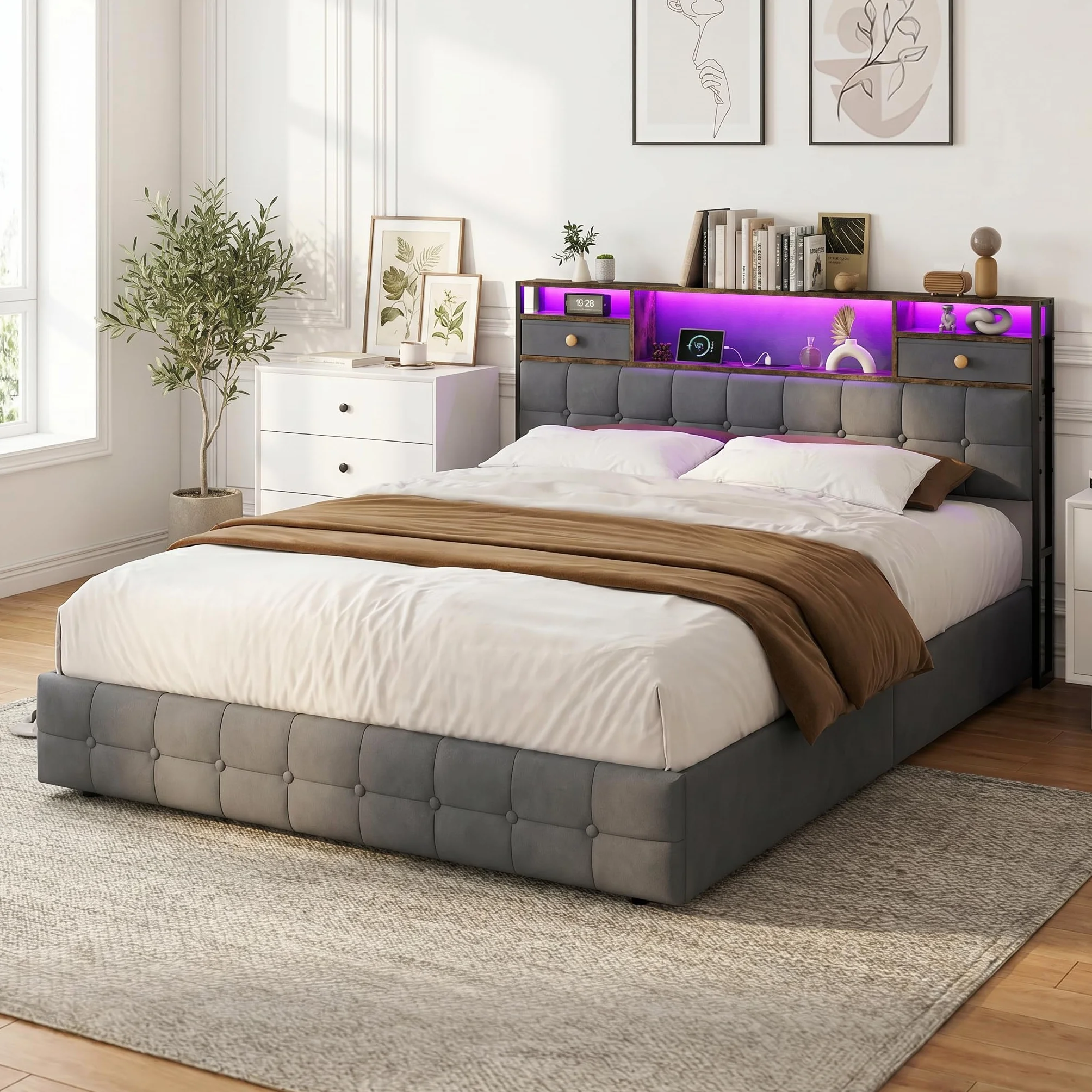 Cama maletero de 160 x 200 cm, LED/USB cama de 2 plazas, cabecera con 2 cajón, aplicable para familias, búsqueda de almacenamiento óptimo, privilegiante ambiente y espacio limitado (gris, 160 x 200 cm