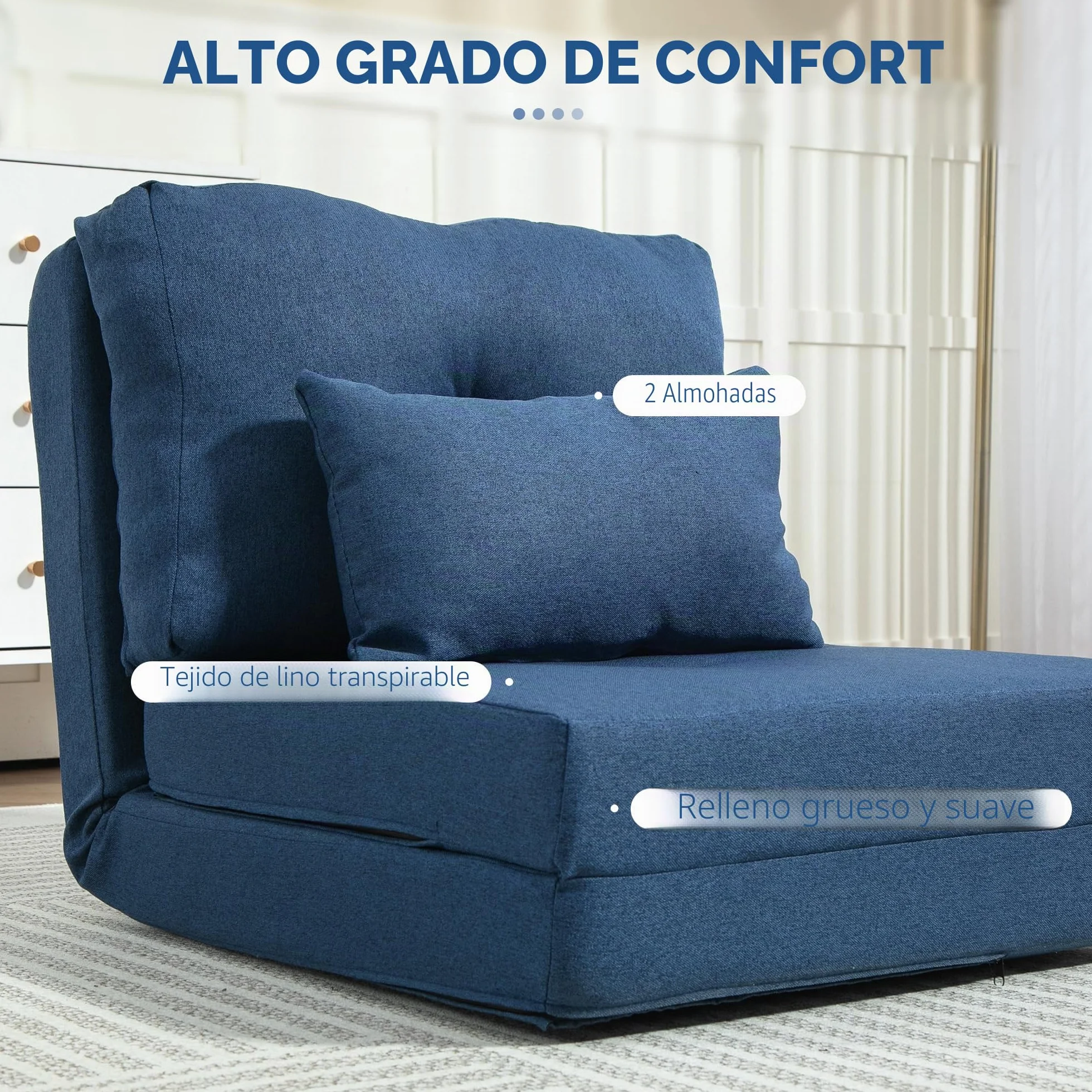 HOMCOM Sillón Convertible 1 Plaza Sillón Perezoso Cama Calentador 1 Plaza - Cojín Incluido, Respaldo Ajustable - Salón, Carga 120 kg, Tejido Lino Azul Oscuro