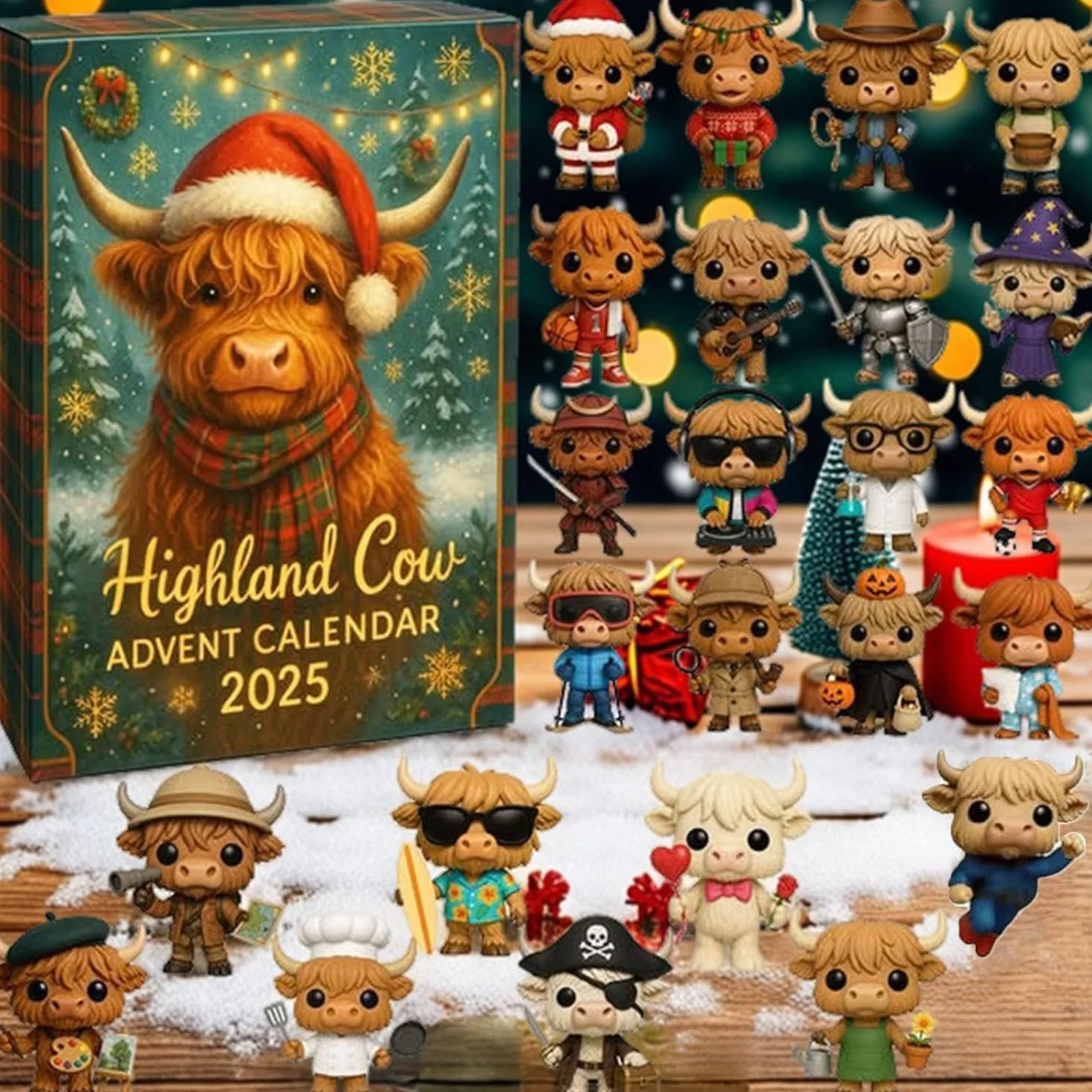 Calendario de Adviento de vaca de las Tierras Altas 2025, calendario de cuenta regresiva de Navidad de 24 días, calendario de Adviento 2025 con 24 adornos navideños de vacas de las tierras altas