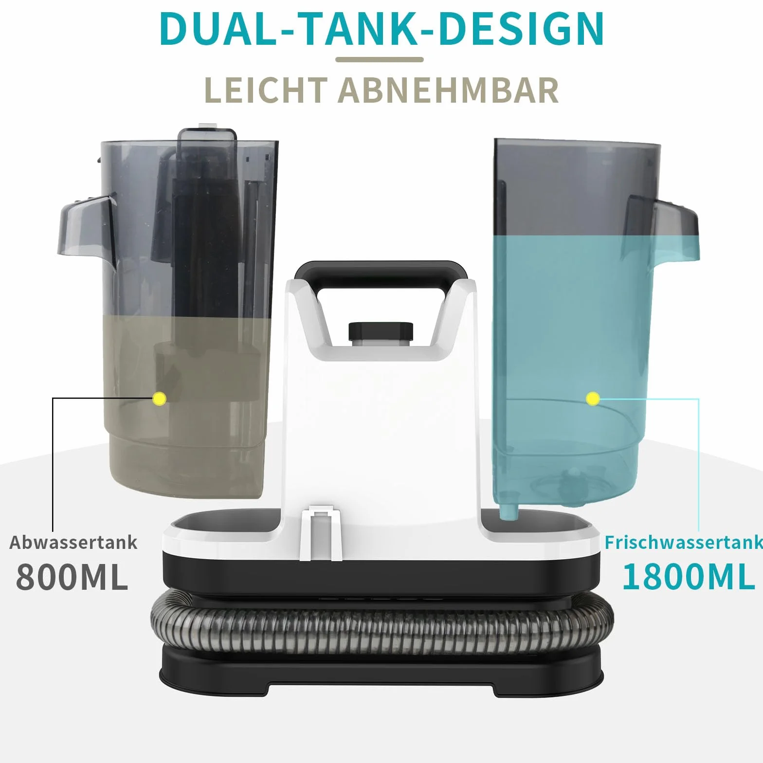 Limpiador de Tapicerias 500W 12,5 KPa, Aspiradora de Agua Tapiceria con Gran Depósito Extraíble de 1,8L de Agua Limpia y 0,8L de Agua Residual, Maquina Limpiar Tapicerias Coche Sofa Carpet (Negro)